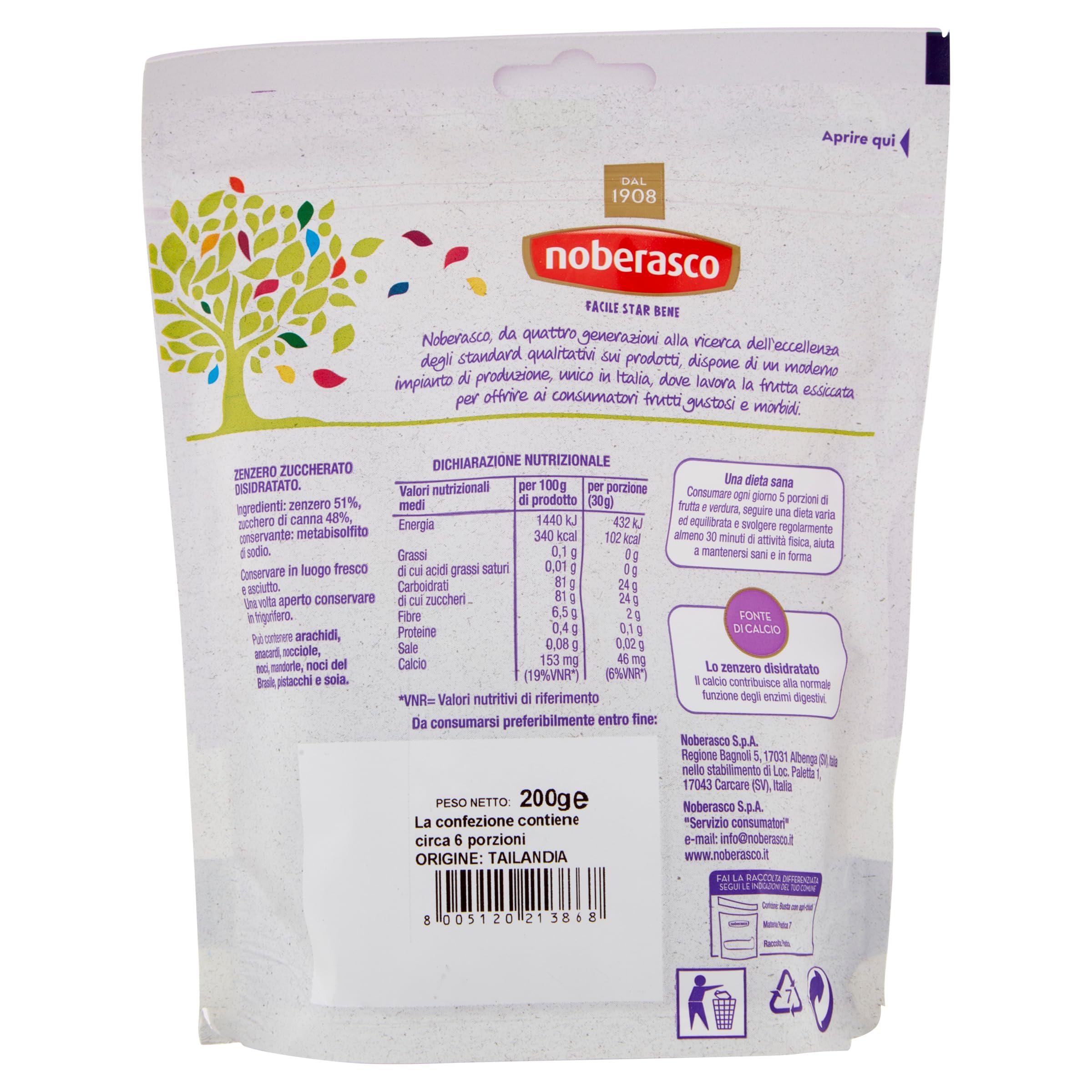 Noberasco Zenzero Zuccherato Disidratato Viva Lo Zenzero, 8 x 200g