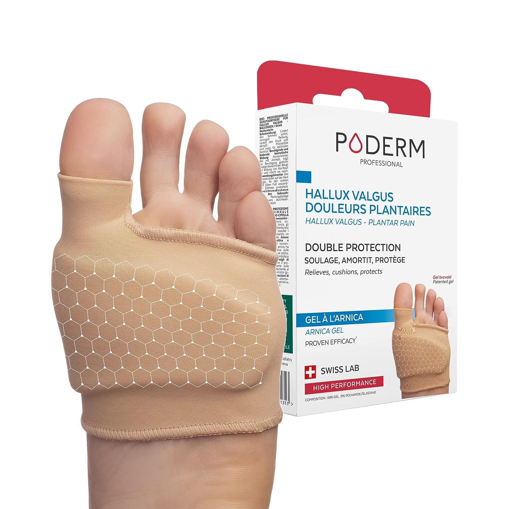PODERM – PROTECTOR DE HALLUX VALGUS - DOLORES PLANTARES - Ortesis de protección - Amortigua y calma inmediatamente el dolor - Gel patentado con ÁRNICA – Activos 100% naturales – Swiss Made