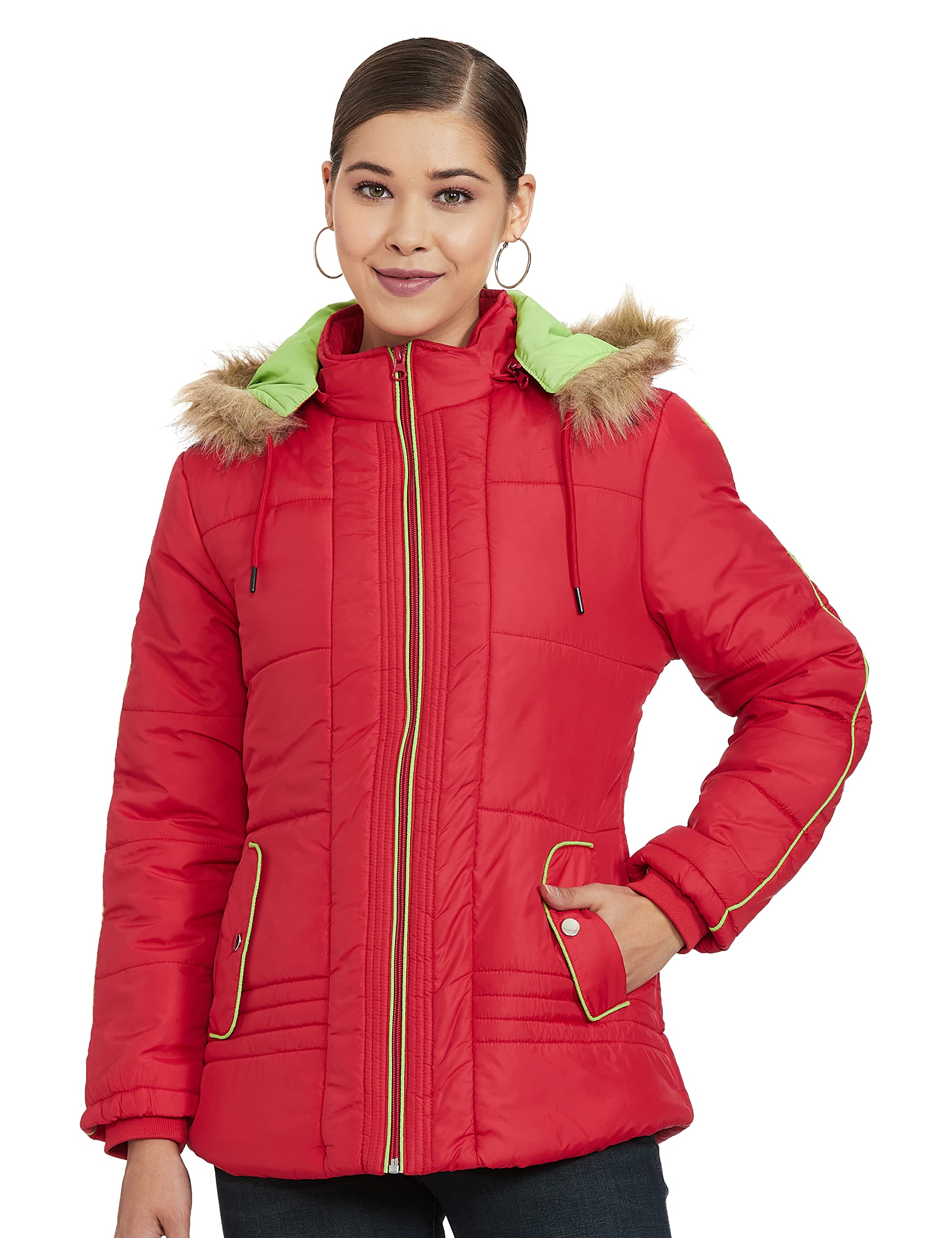 qube by fort collins Women's Medium-Length Nylon Bomber Jacket with Detachable Hood Stylish Winterwear for All-Day Comfort-picture-26