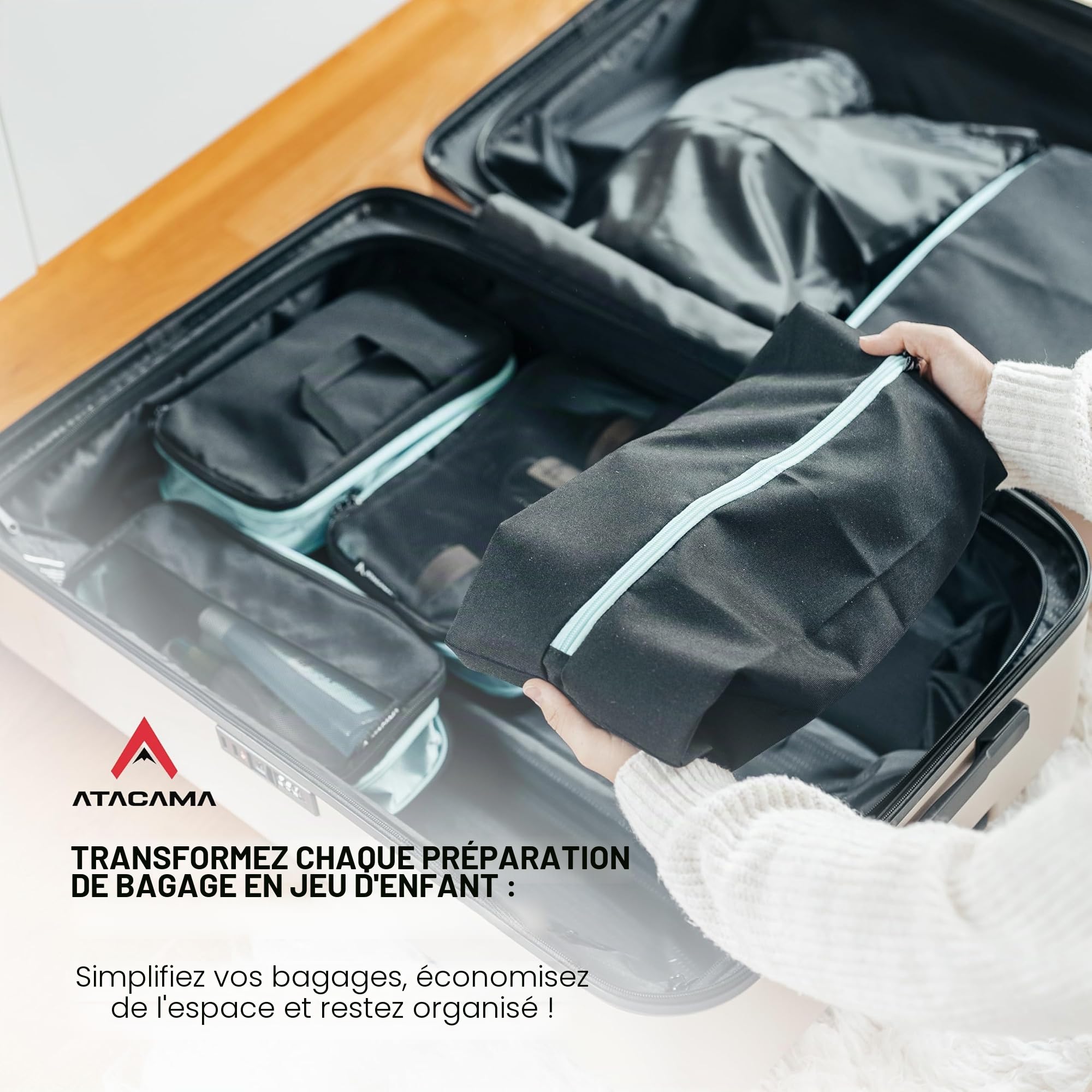 ATACAMA Lot de 8 cubes de compression – organiseurs de voyage compressibles pour valise et sac à dos – sacs de rangement légers noir