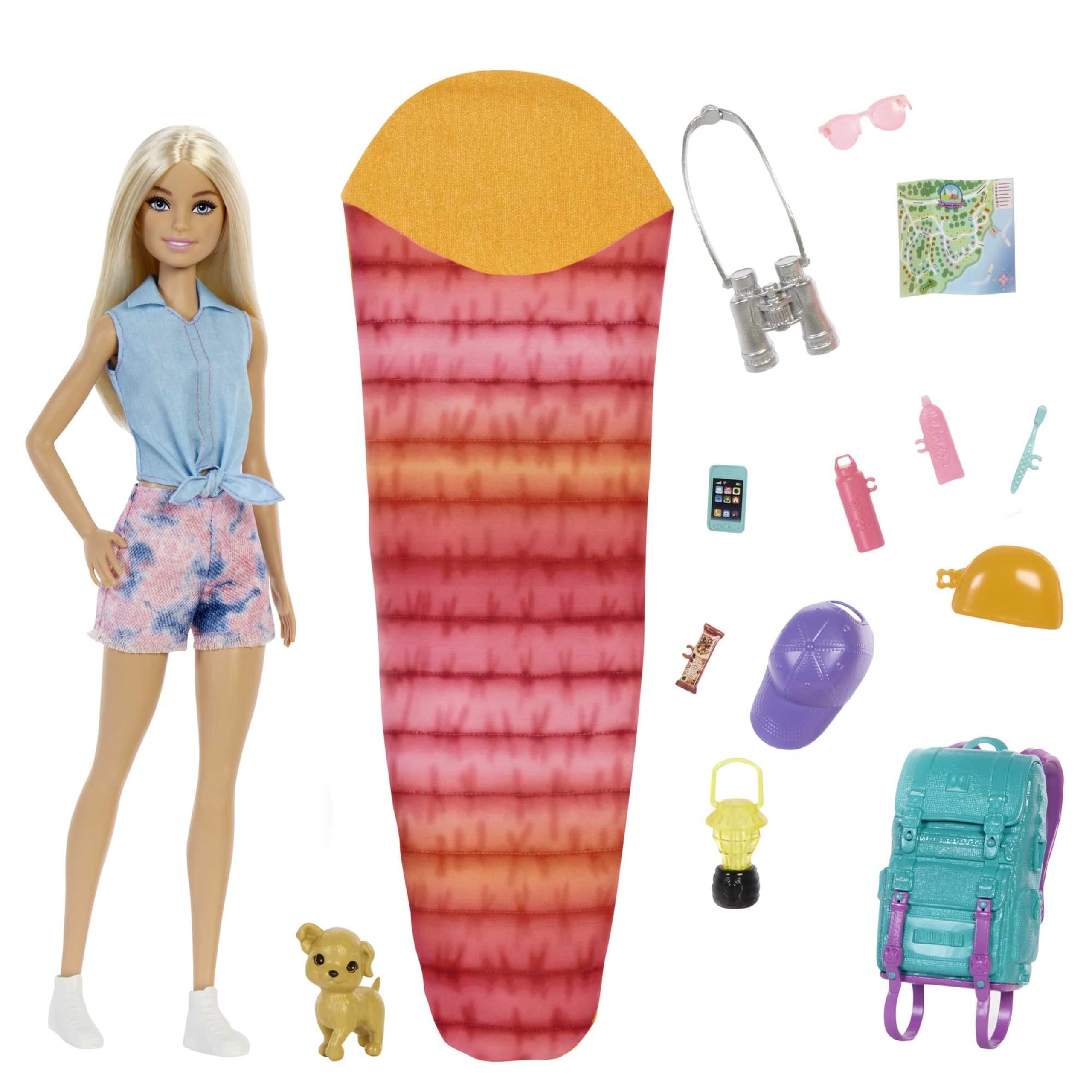 Barbie Camping Serie, 1x Puppe mit blonden Haaren, Wanderrucksack, Outdoor-Ausrüstung, Fernglas, Landkarte, Welpe, Zubehör, Geschenk für Kinder, Spielzeug ab 3 Jahre,HDF73