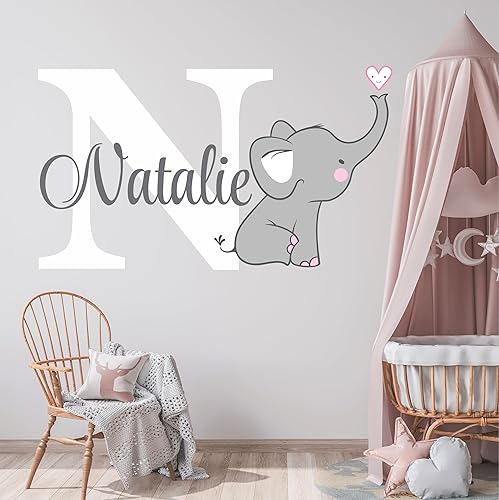 Calcomanía de pared con nombre personalizado de elefante para niñas, calcomanías de pared de elefante, calcomanías de pared para niñas, calcomanías