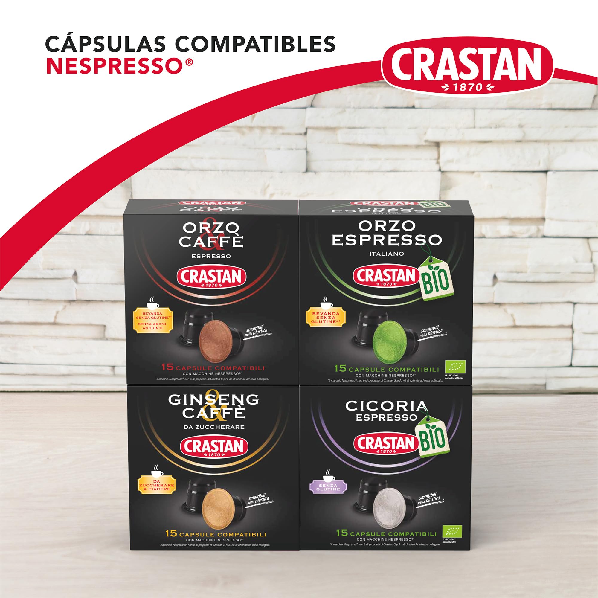 CRASTAN 1870, 90 Cápsulas, 6 Cajas de 15 Cápsulas de Bebida Ginseng y Café, Cápsulas Compatibles con Nespresso de Azúcar al Gusto, Bebida Sin Gluten, 100% Made in Italy