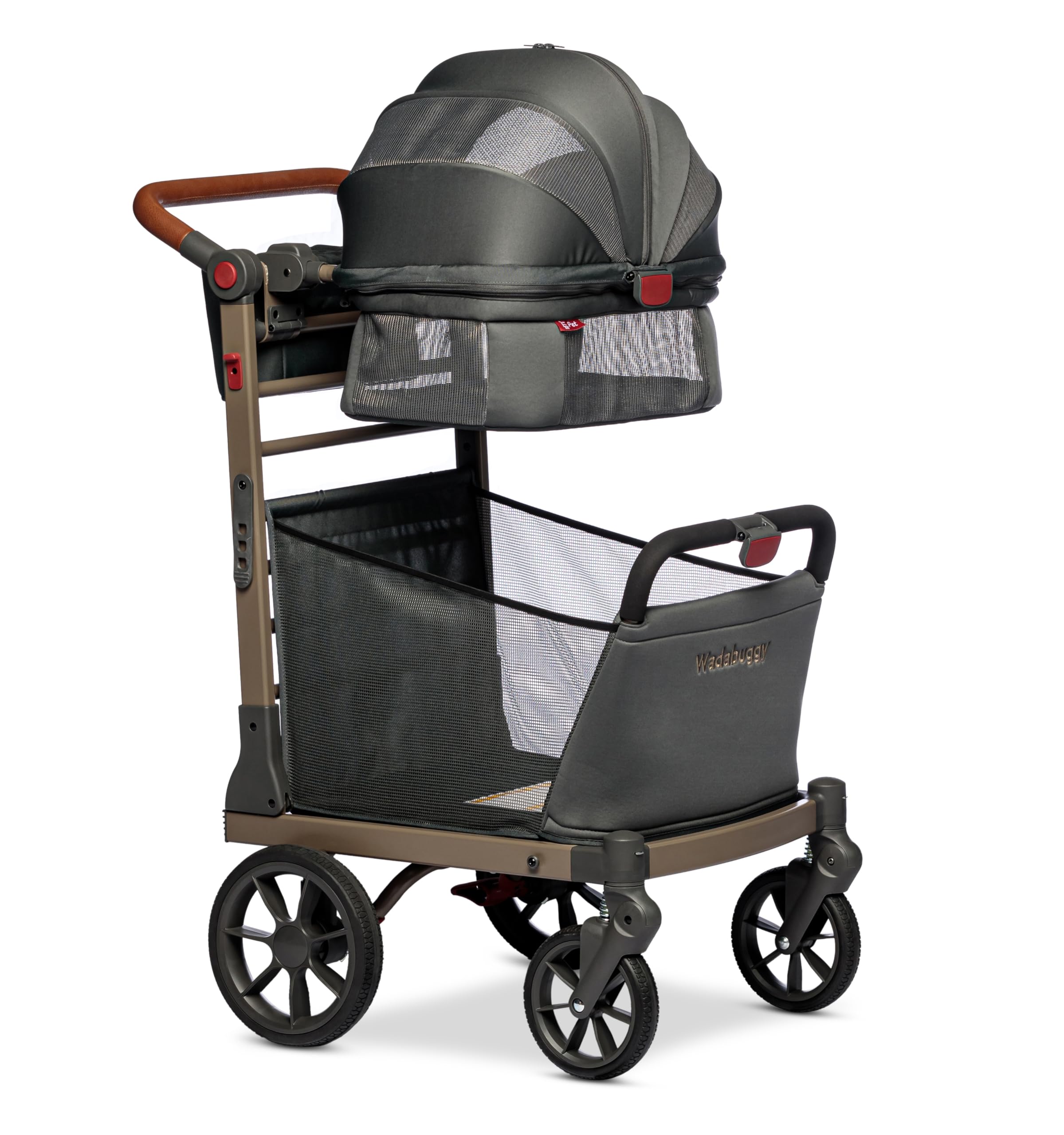 Wadabuggy Pet Foldable Cart - Luxury Cat & Dog Stroller with Extra Large Shopping Basket, Cup Holders, & Ventilated Canopy - Easy Fold Pet Stroller for Cats & Dogs