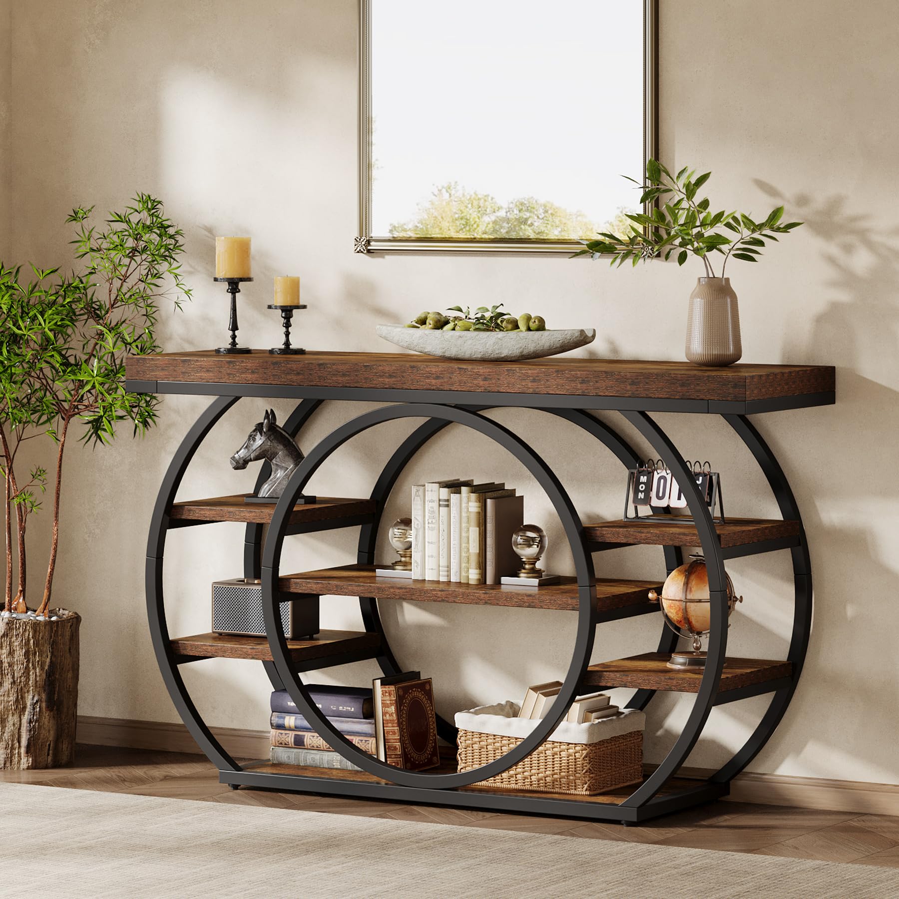 Tribesigns Tavolo consolle con base circolare, tavolo d'ingresso stretto, 120 x 30 x 80 cm, scaffale portaoggetti a 4 piani, casale industriale, corridoio, divano, rustico