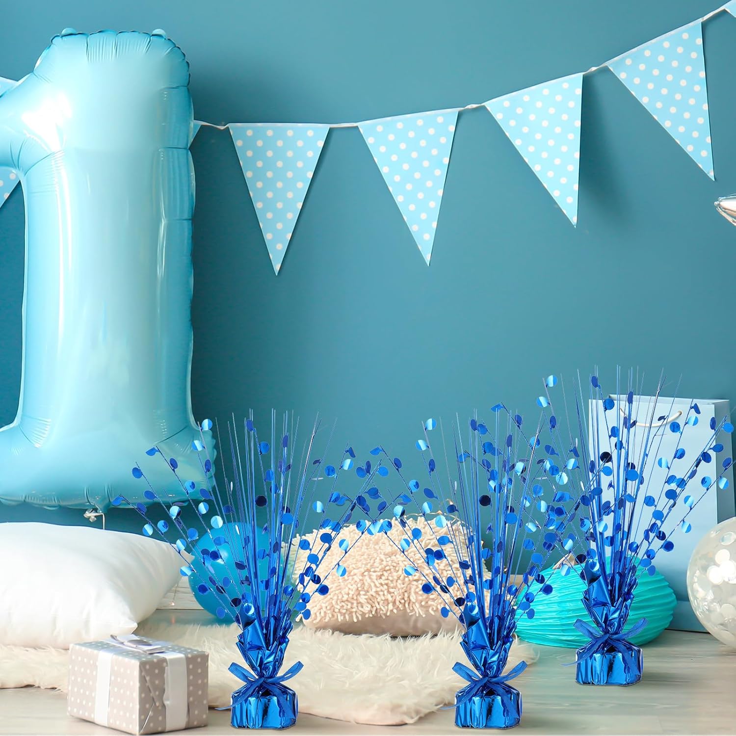 Crowye 6 Pcs Blue Metallic Foil Spray Centerpiece Table Decoration Blue Round Spray Centerpiece for Party Table Decor for Holiday Birthday Party