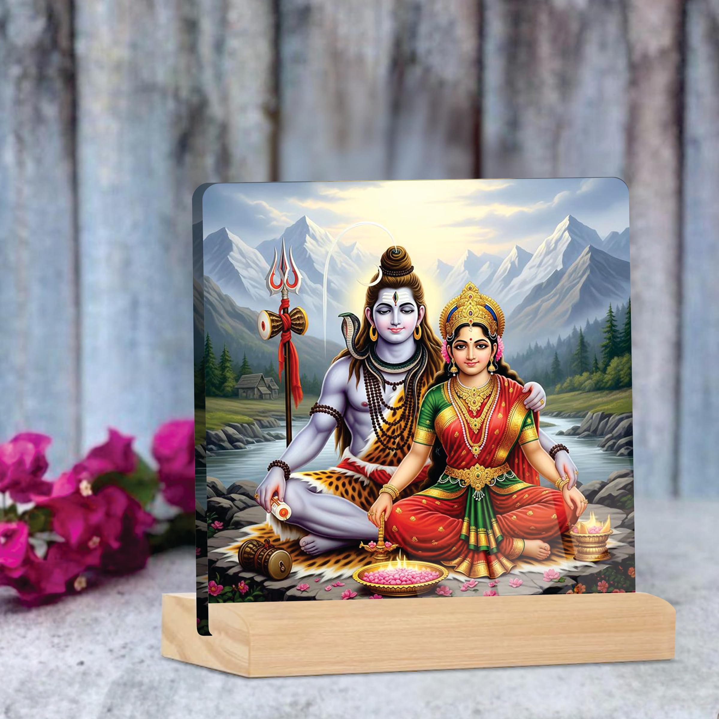 Giftplease Placa Parvati del Señor Divino Shiva y la Diosa con soporte de madera, marco de fotos religioso para el templo del hogar, habitación Pooja, oficina y regalo espiritual para inauguración de
