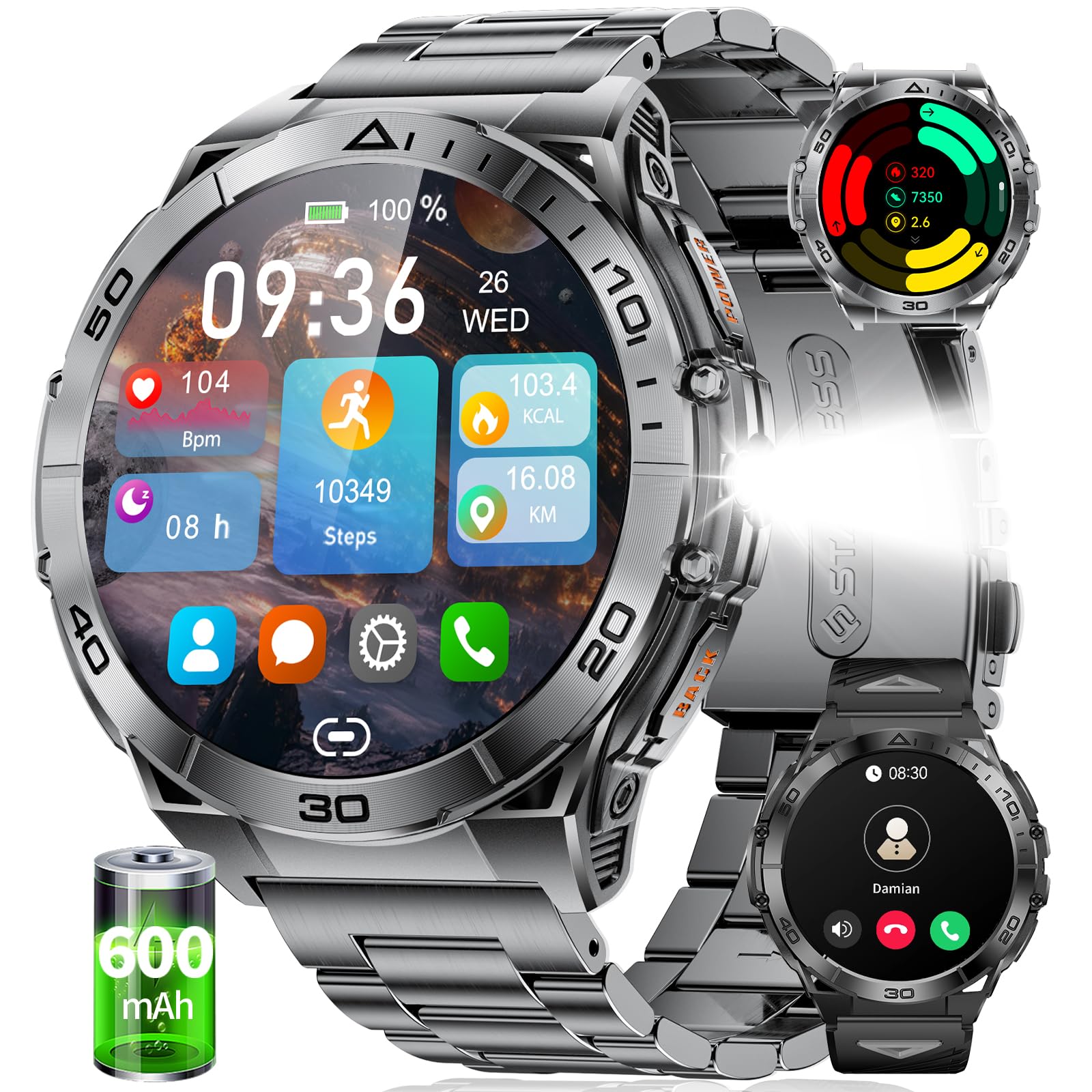 HIRREO Smart Watch for Men, 1.6'' AMOLED HD Fitness Watches with LED Flashlight, Buletooth Calling, 600mAh Battery/2 Straps/100+ Sports/IP68