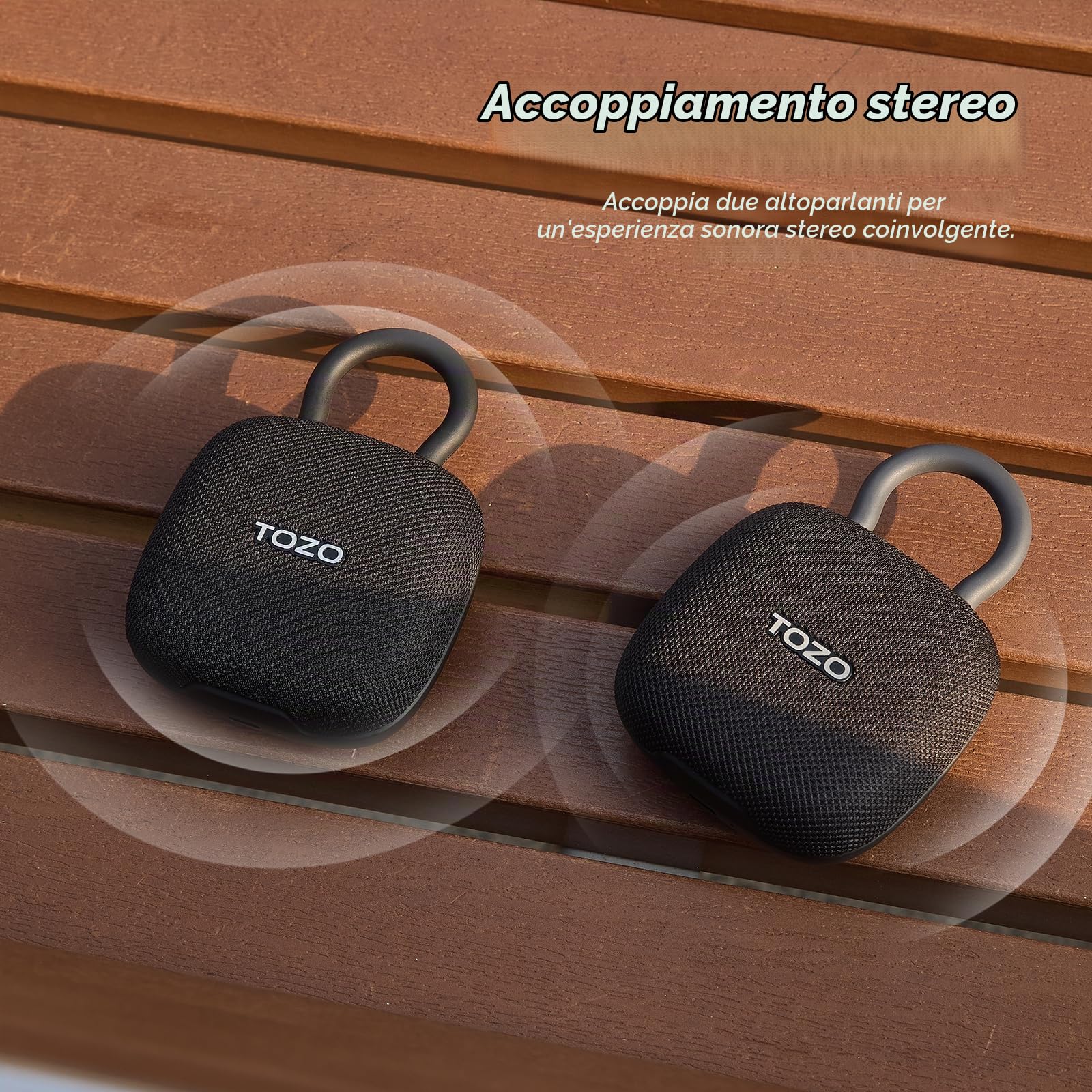 TOZO PE1 Casse Bluetooth Portatile con Moschettone Regolabile, 32 Ore | IPX8 Mini Altoparlante Bluetooth per Doccia Bassi Potenti Per Casa, Esterni e Viaggi
