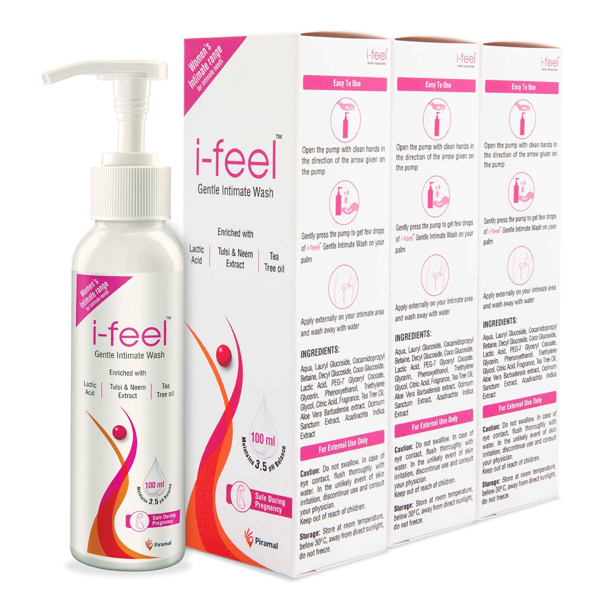 i-feel Gentle Intimate Wash for Women by Piramal -pH Balanced with Lactic Acid, Neem, Tulsi, Aloevera & Tea Tree Oil-Sulphate, Alcohol & Paraben Free Formula-Safe for Daily Use even in Pregnancy-(3x100ML)