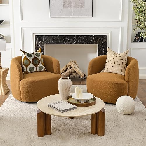 Miniatura 102 de KINWELL Juego de 2 sillas giratorias de barril Boucle de 34 pulgadas de ancho, sin montaje, sillones tapizados redondos, sillas decorativas, sofá