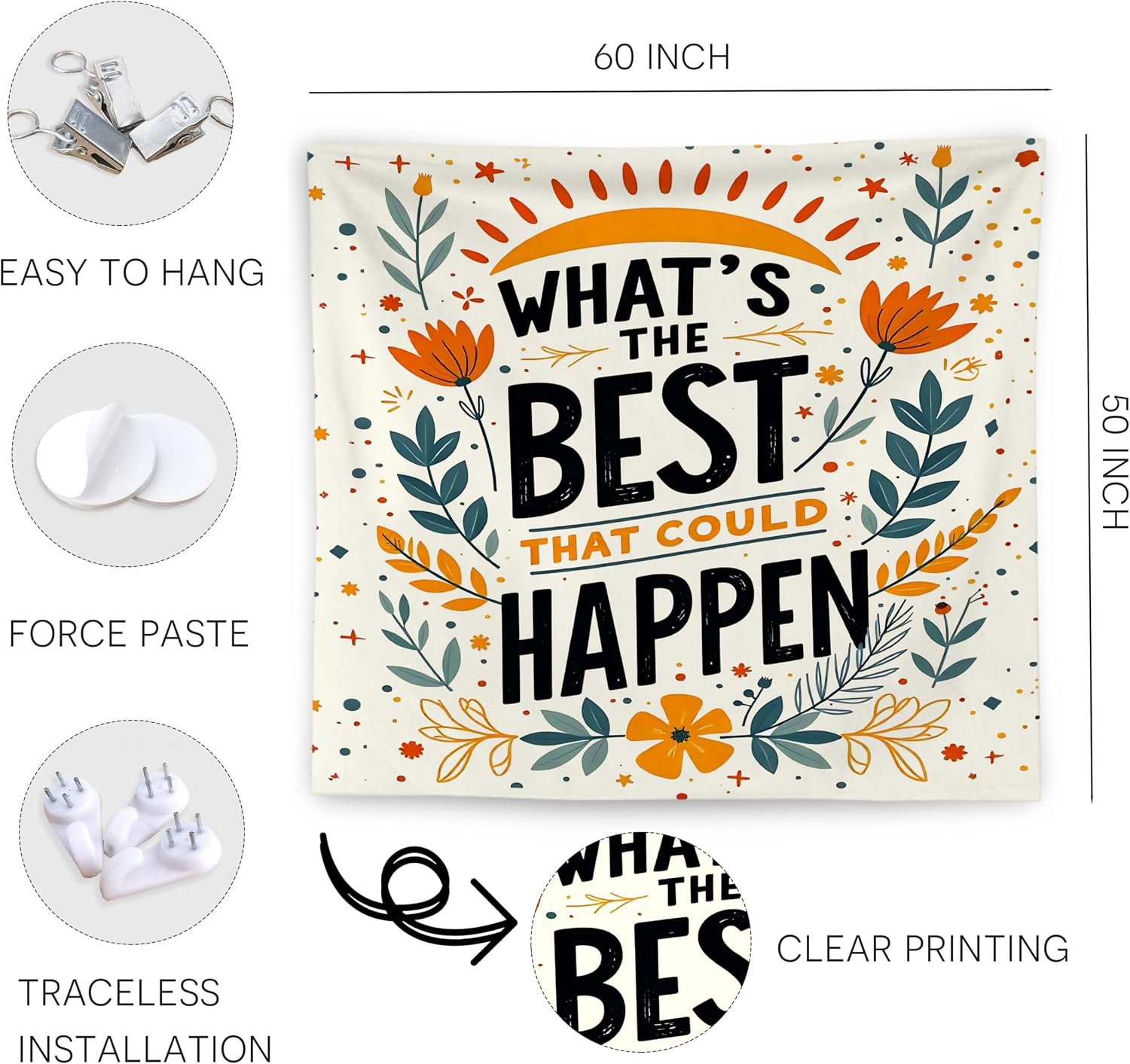 WNAGT What's the Best That Could Happen Motivational Tapestry Wall Hanging, Floral Positive Affirmations Inspirational Quote Wall Blanket Decor for Kitchen Home Bar, 50x60 Inch