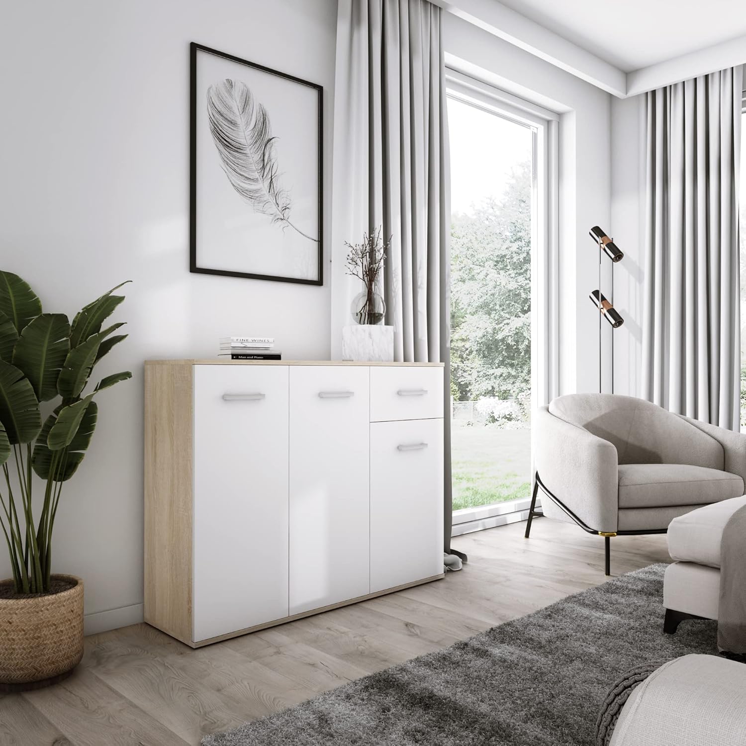3E 3xE Commode avec 3 tiroirs et 1 Porte, Chêne Sonoma/Blanc