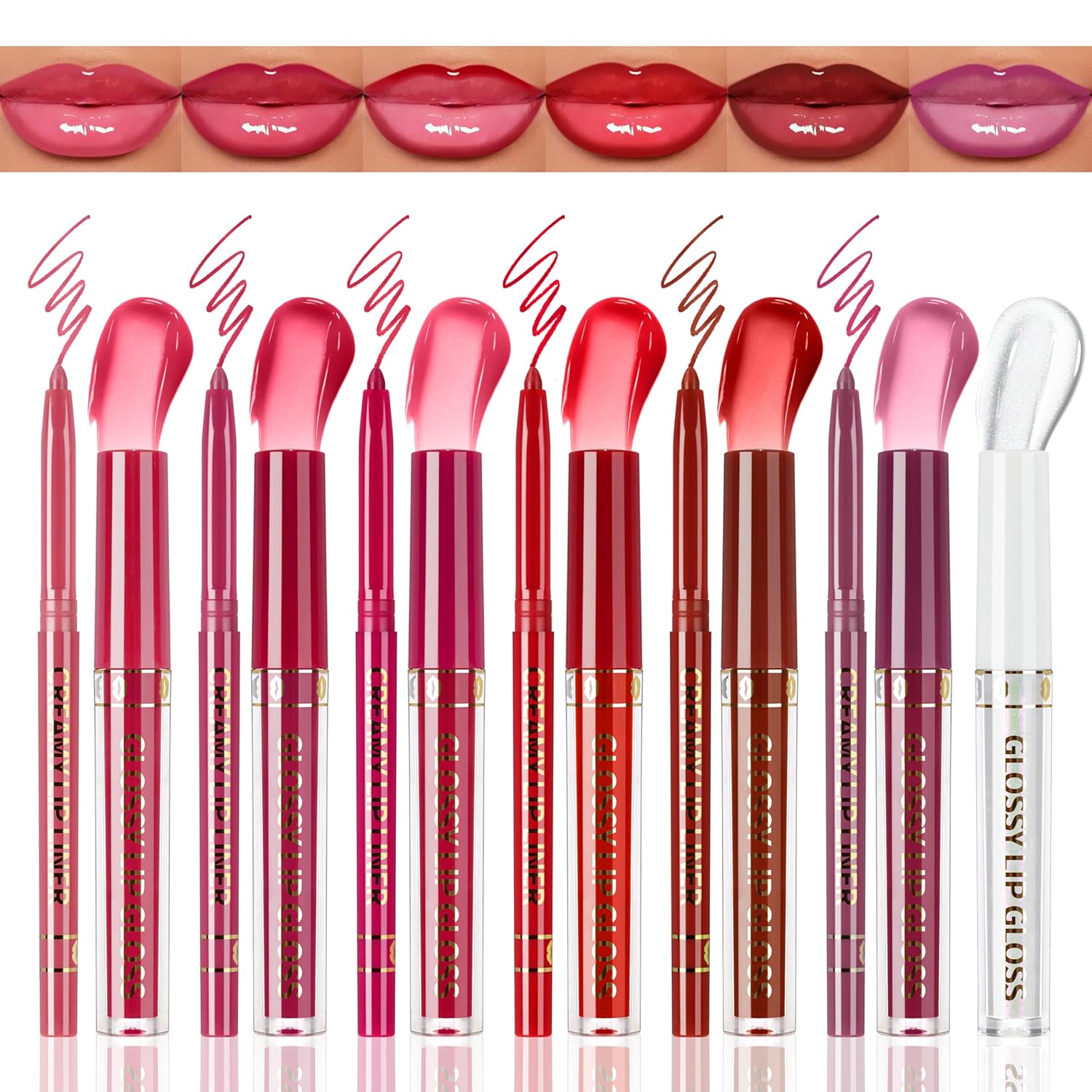 13pcs Glossy Lip Gloss Liner Combo Set, Moisturizing High Shine Tinted Lip Glow Oil Creamy Lip Pencil Makeup Kit for Women, Lightweight Fresh Natural Nude Lip Glaze Lip Crayon Plumping Lip Kit