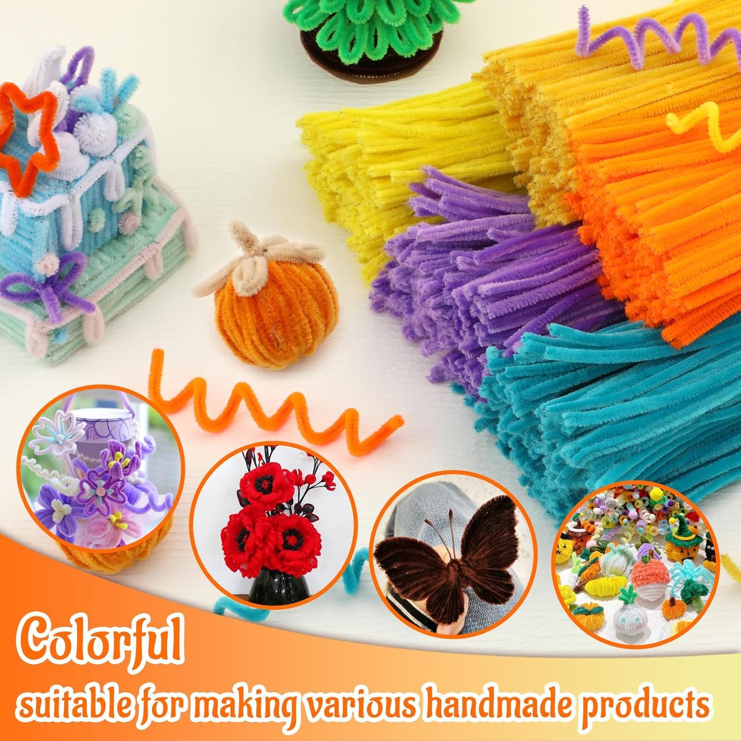Pandeji 251pc Pipe Cleaners Flower Making Kit, Arts and Craft Supplies, Pipe Cleaners Chenille Stem with Green Wire & Floral Tape (100pc Purple, 100pc Green, 25pc Yellow) 2