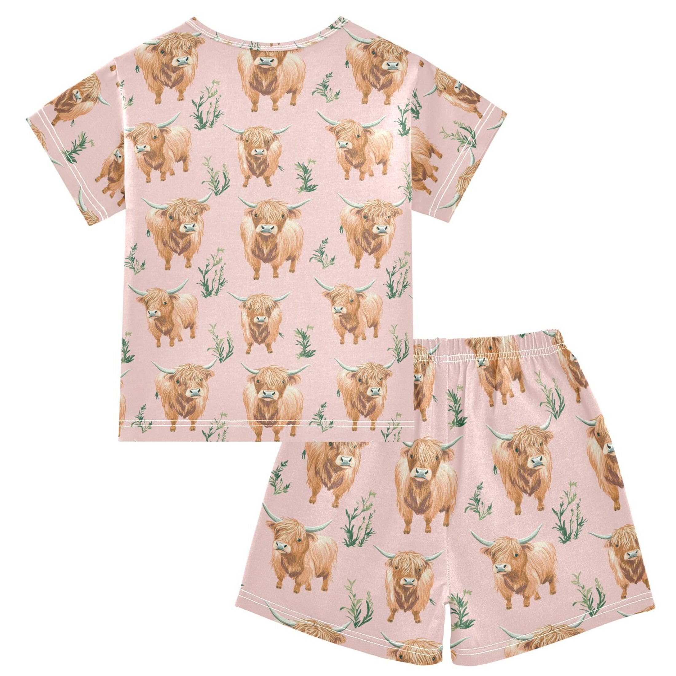 UMIRIKO Highland Cow Animal Summer Short Sleeve Pajamas Sleepwear PJ Set B0403916