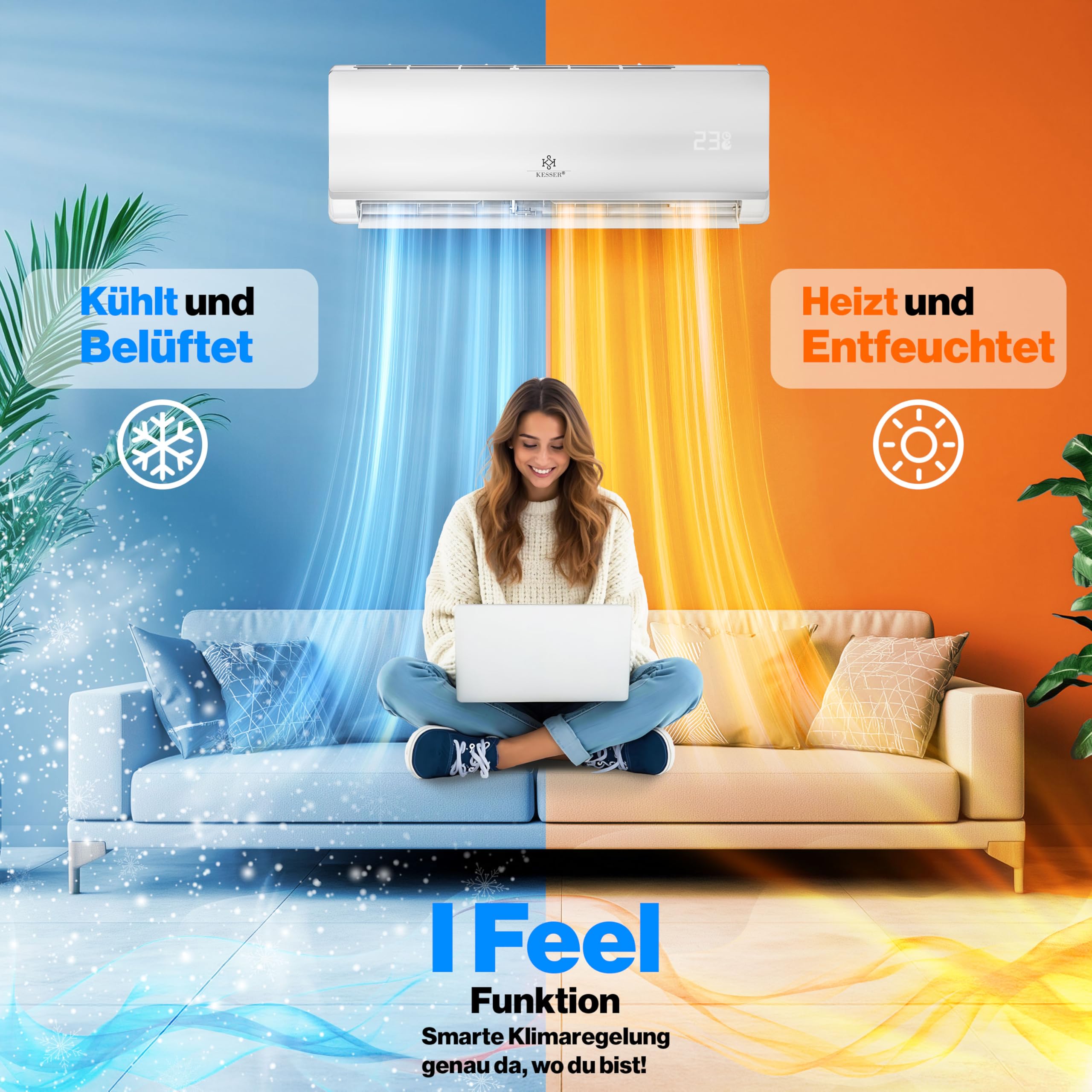 KESSER Split Klimaanlage Set Quick Connect 9000 BTU 2,6 kW WiFi Klimagerät mit Heizfunktion & Kühlmodus R32