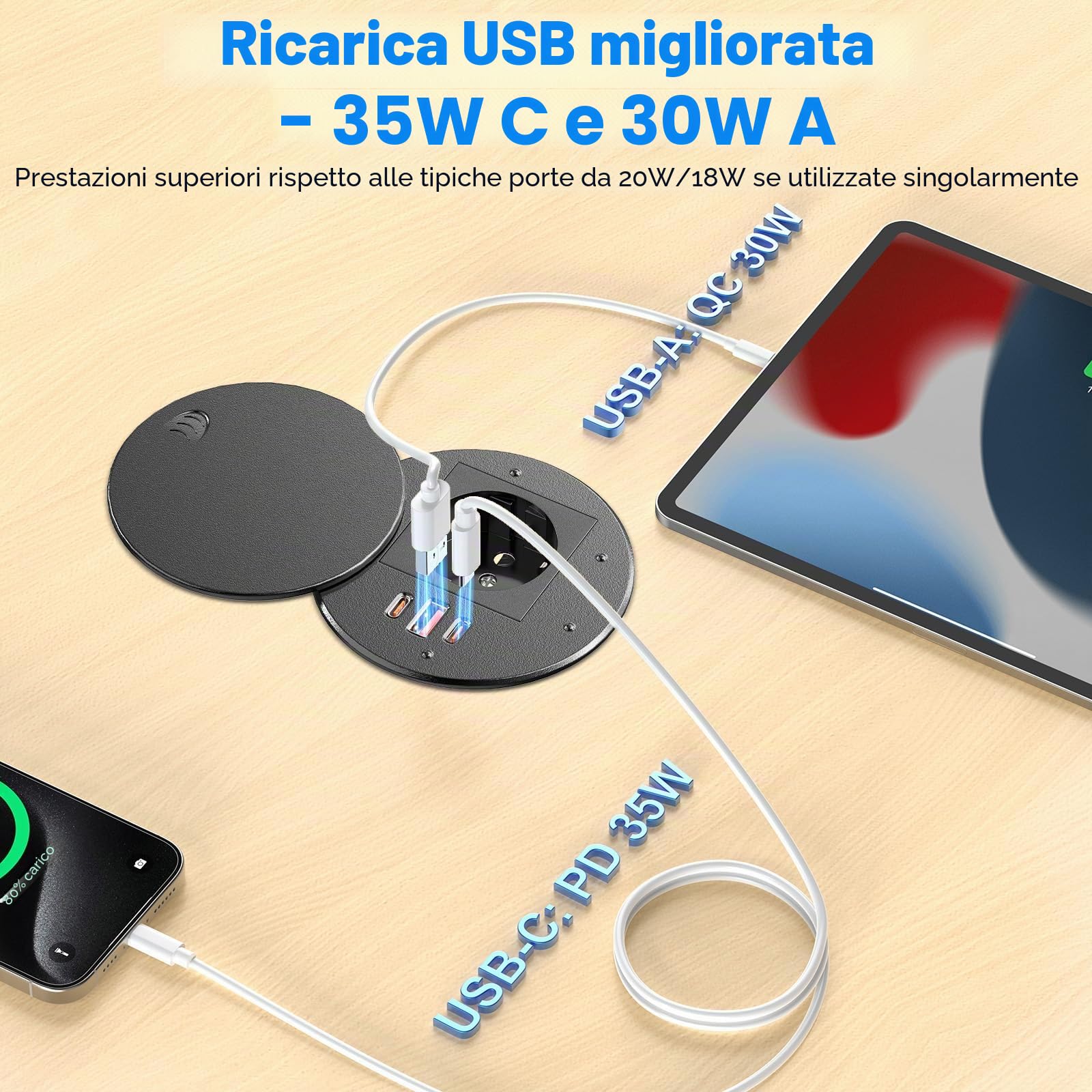 Presa da incasso con USB-C PD35W e USB-A 30W, presa da tavolo Sewingvr con coperchio, presa a scomparsa con 3 USB, cavo da 1,8 m, colore nero