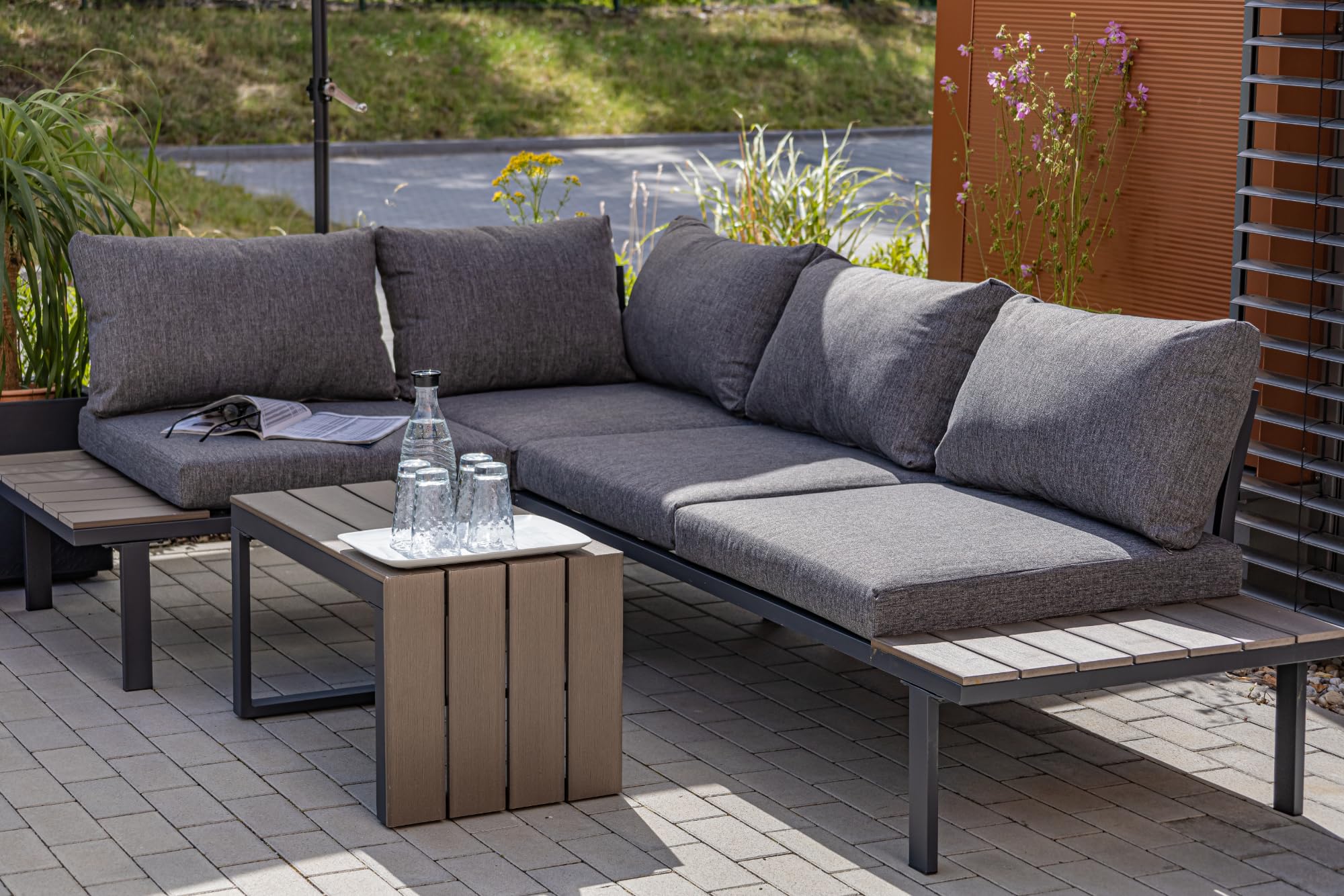 Ondis24 Lounge-Set Gartenmöbel Ecksitzgarnitur, Sitzgruppe für 4-5 Personen, Gartenlounge mit Tisch Sitzkissen, Balkonmöbel Essgruppe Garten, Lounge Sitzgarnitur