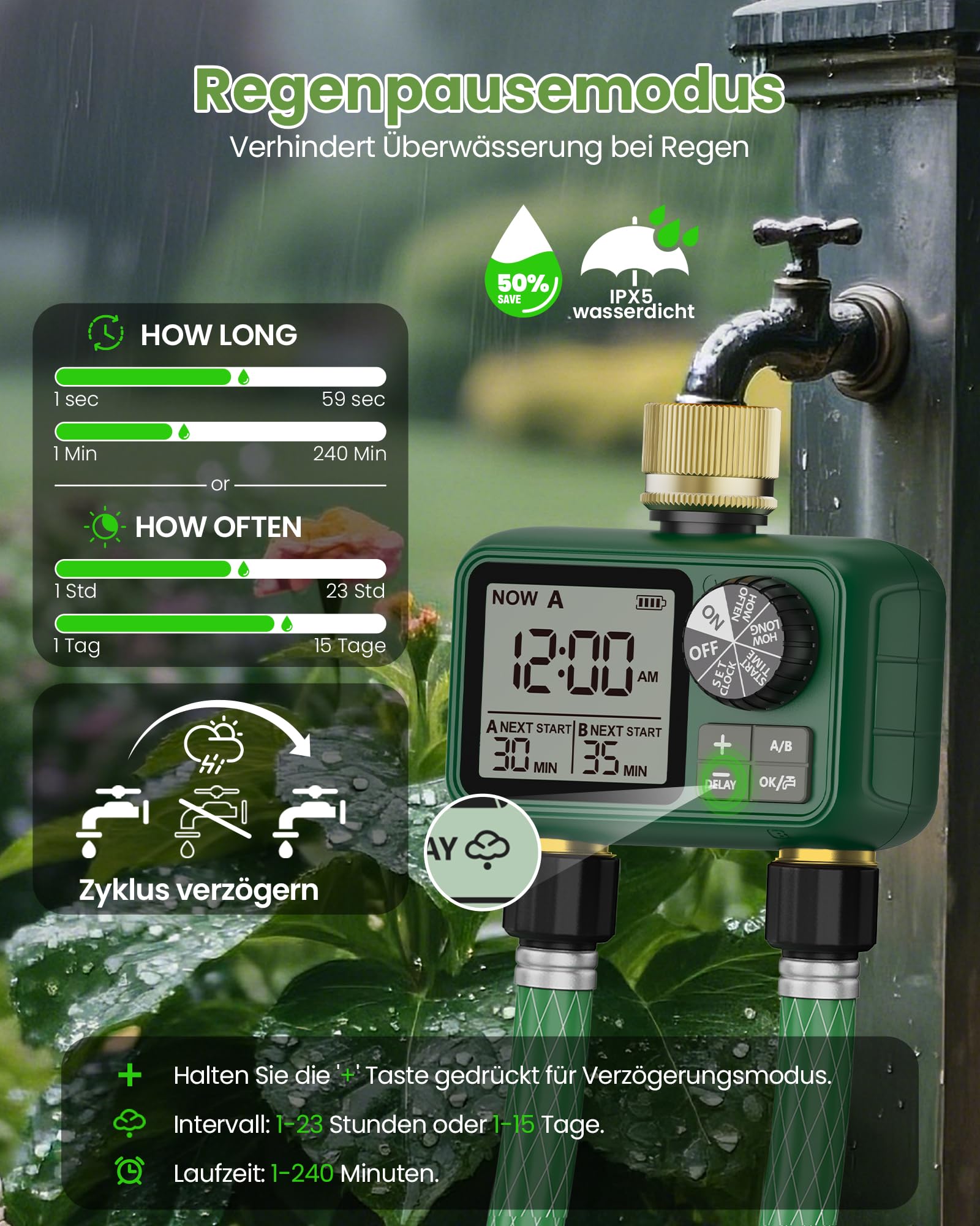 Sterownik nawadniania 2 wyjścia z mosiężnym wlotem i wylotem, programowalny timer węża ogrodowego z opóźnieniem deszczu/ręczny/automatyczny system nawadniania