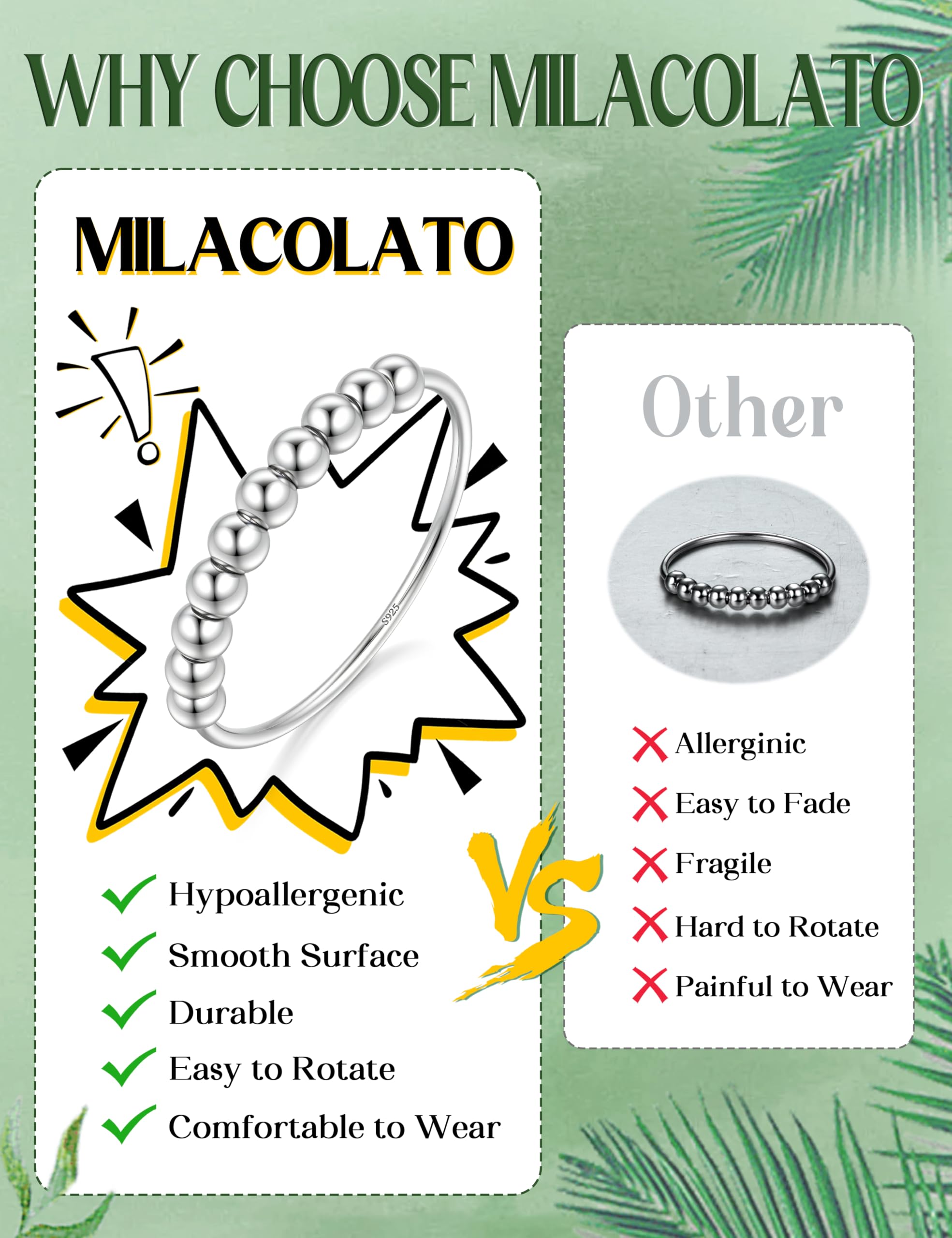 Milacolato 925 Sterling Silber Angst Spinning Ringe mit Perlen Band Ring für Dünne Stapelbare Ringe für Damen