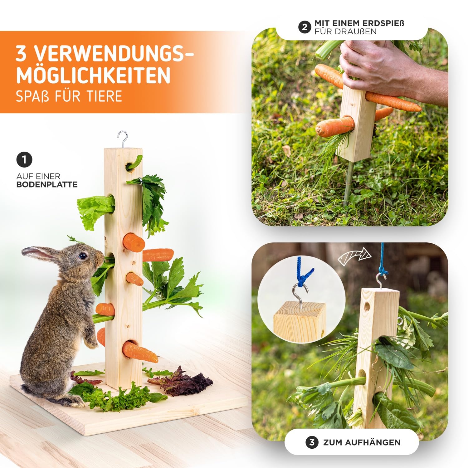 Futterbaum Kaninchen Meerschweinchen mit Bodenplatte aus Holz und Erdspieß fürs Freigehege Hasen | Heuraufe Kaninchen