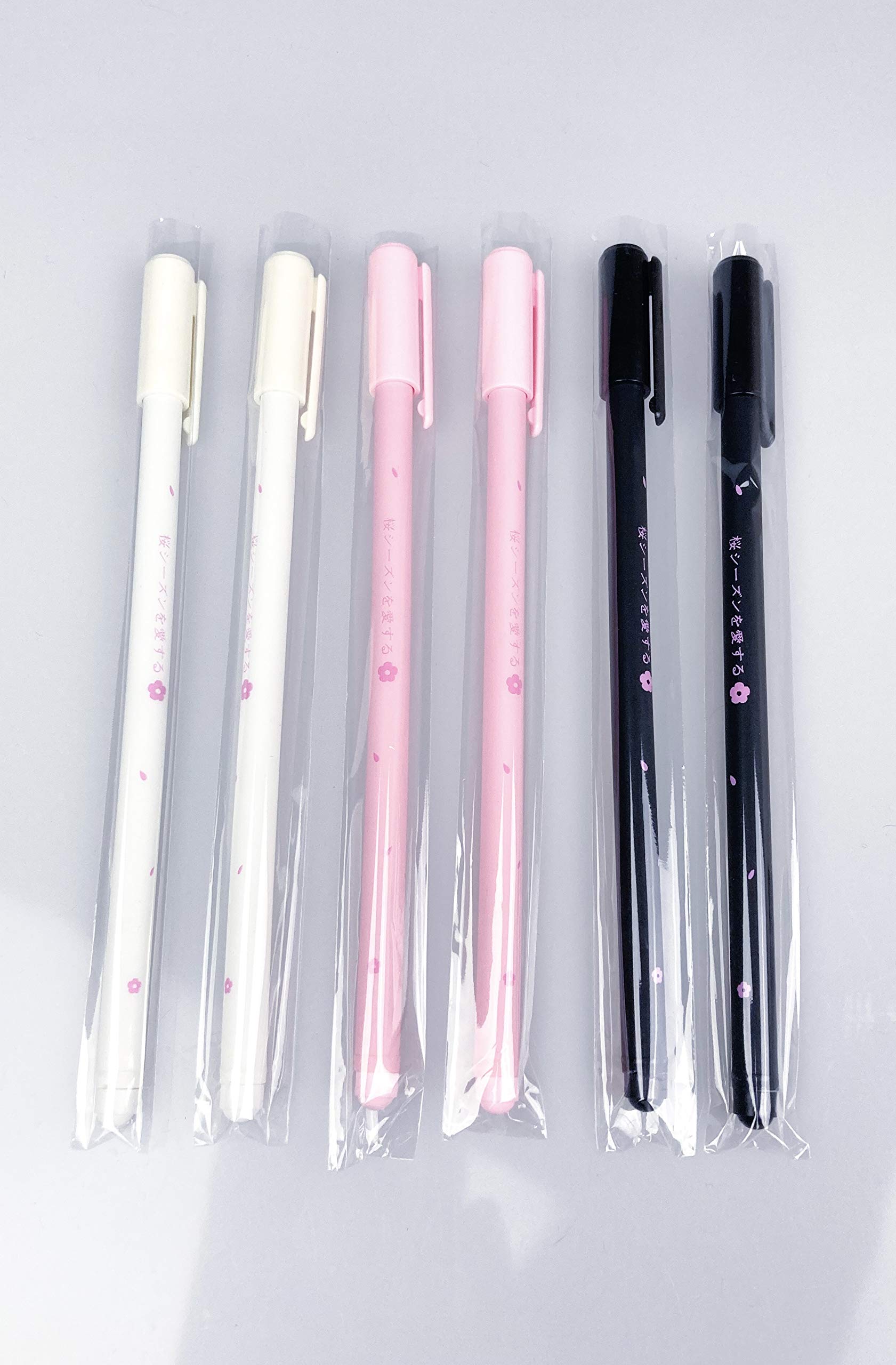 6 Pack Pens Kawaii Style | Black Gel Ink | 2Pink+2White+2Black | Fine Tip Pens | Cute Pen Set