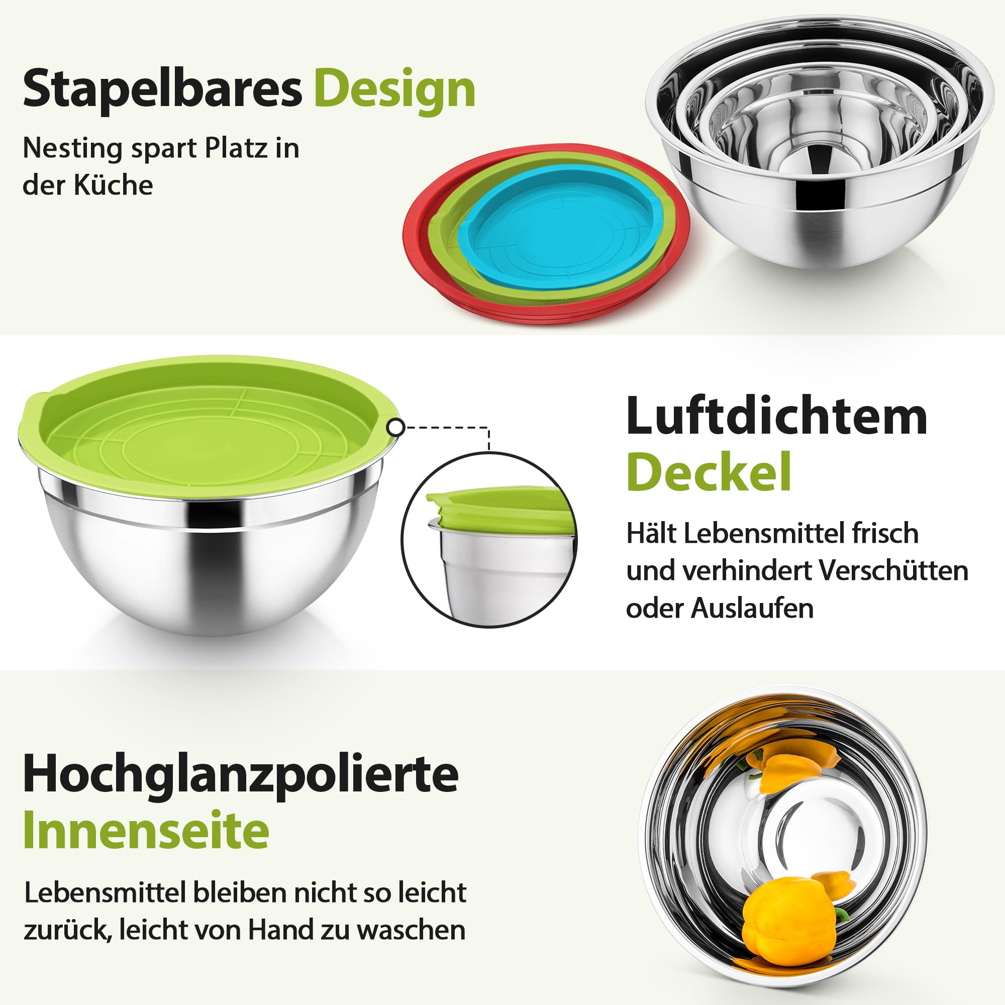 Joyfair Lot De 3 Saladiers Inox Avec Couvercles Hermétiques - 4,5L 2,7L 1,5L Empilables