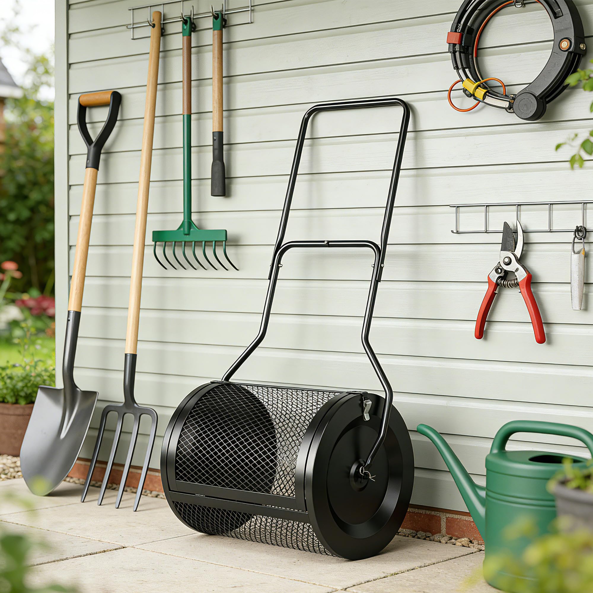 Outsunny Esparcidor de compost y turba 20" cesta malla metálica Negro | Mango en U desmontable de 34/80 cm, para siembra y esparcimiento de estiércol