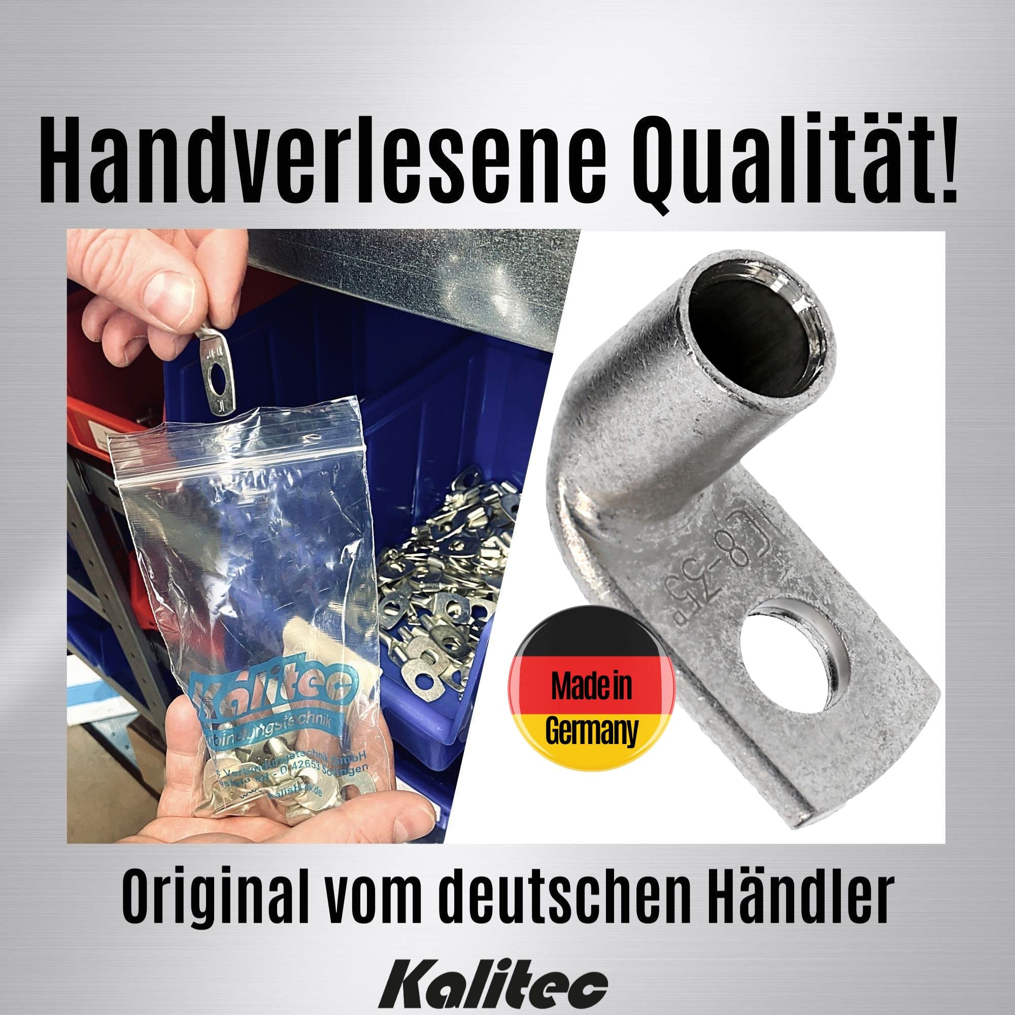 Kalitec 10x Cosse Tubulaire Coudée 35 mm² M8 - Connecteur à Sertir 90° | Cuivre étamé anticorrosion de haute pureté, certifié UL. Pour câbles de voiture, installations solaires et domestiques.