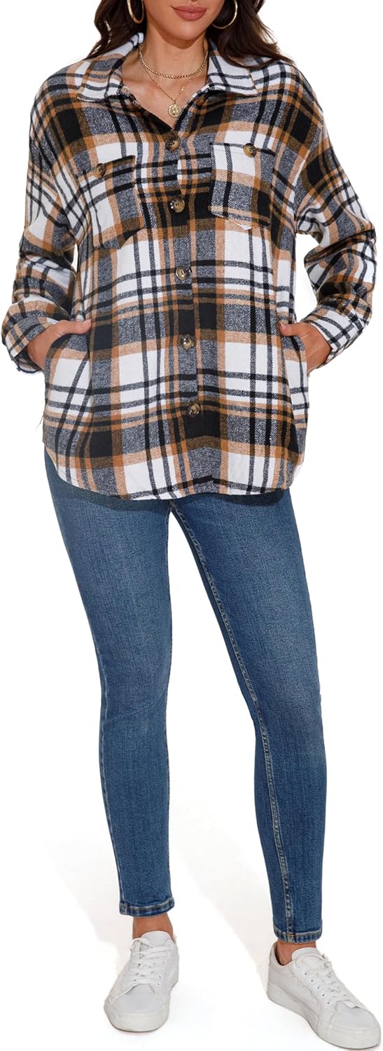 GUANYY Womens Flannel Shirts Button Down Plaid Shacket Long Sleeve Collared Business Casual Work Tops - Image 7