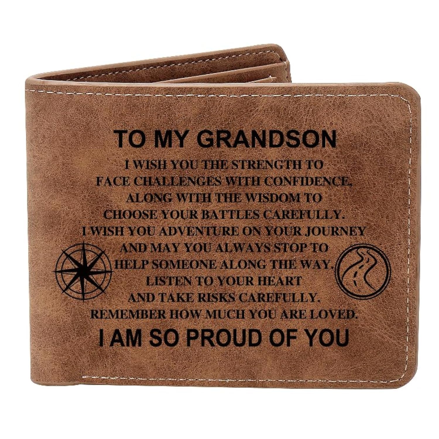 THTCSQ Leather Wallet for Man - Engraved Personalized Grandson Birthday Graduation Gift, I AM SO Proud of You