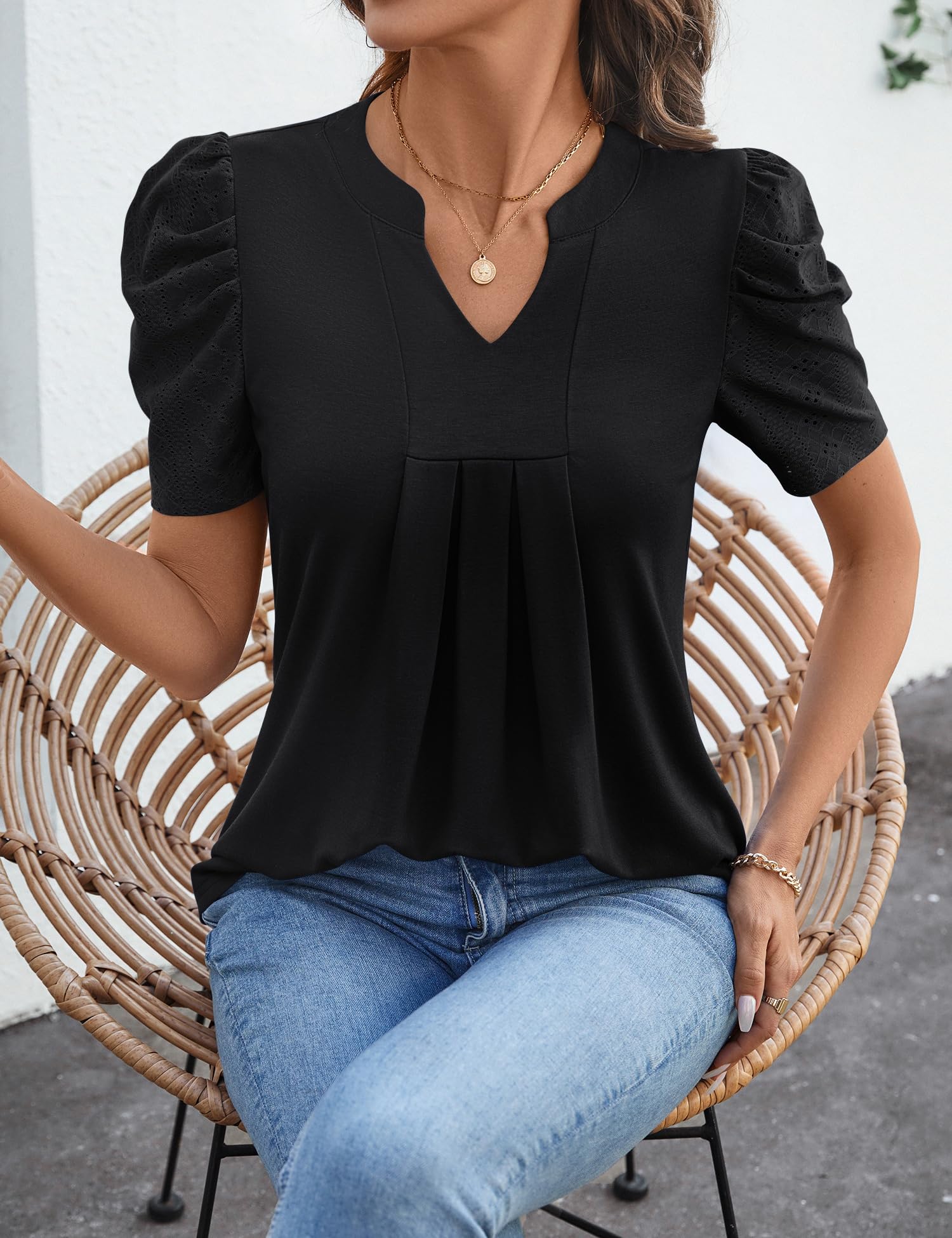 Kistore Top da donna a maniche corte a sbuffo, scollo a V, top estivo da donna, camicette alla moda UK camicie S-XXL