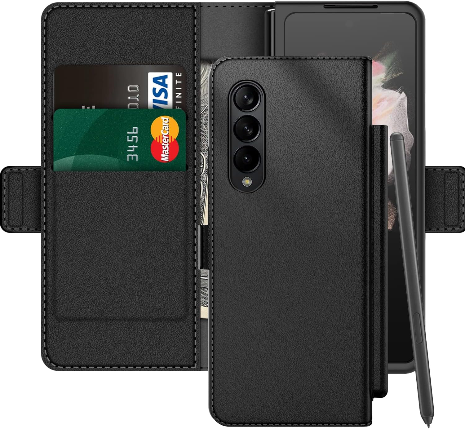 Vizvera Funda diseñada para Samsung Fold 3 2021, funda clásica de cuero con ranura para bolígrafo, magnética, resistente al desgaste y a los impactos para Samsung Galaxy Fold 3 5G (negro)