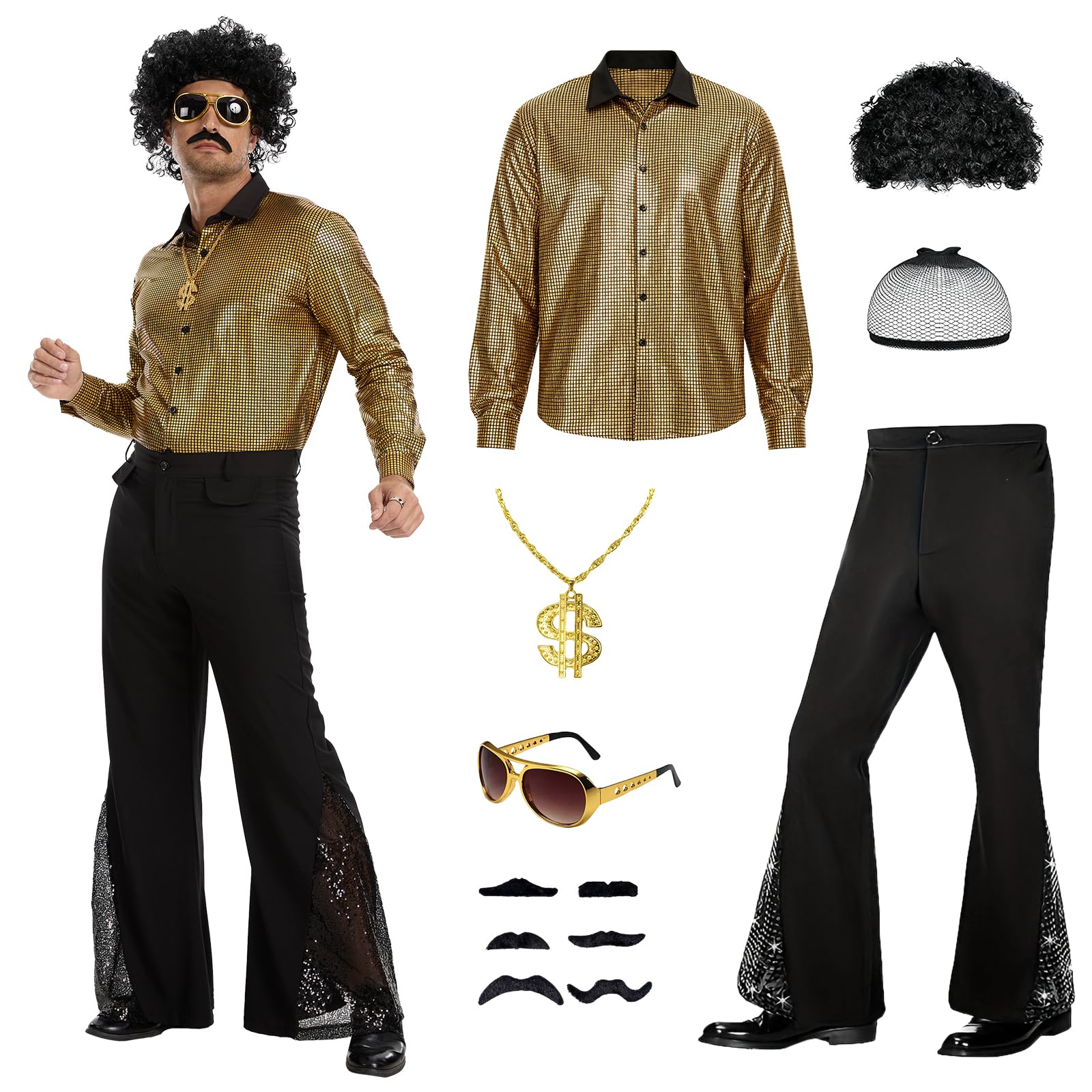 JDFAIJEAL Disco Hippie Costume Set for Adults- Retro 70s-80s Style Outfit with Shirt, Pants, Afro Wig, Necklace,Hippie Funky Sunglasses& Beard Sticker (Gold, XXL)