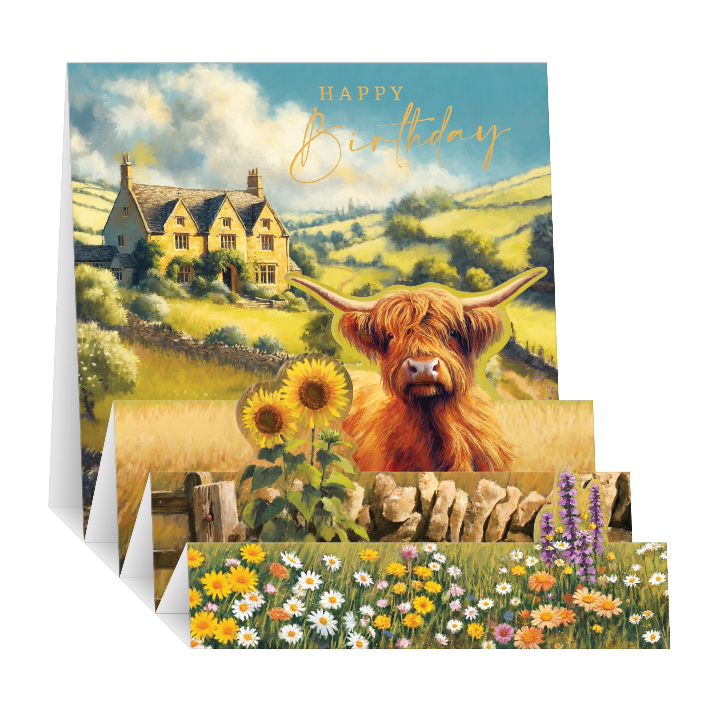Noel Tatt 3D Pop Up Birthday Card for Women - Cute Highland Cow Design - Embossed Gold Foil Finish - Premium Greeting Card with Envelope