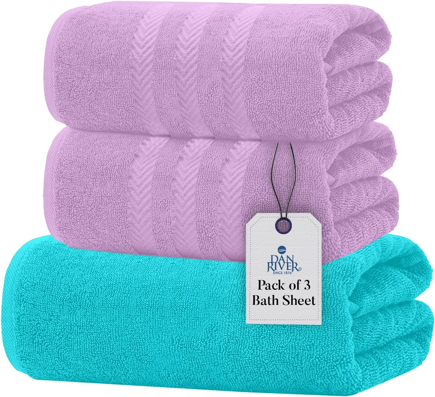 DAN RIVER 3-Piece Towel Set: 1 Oversized Bath Sheet (40x80 Inches) & 2 Bath Sheets (35x70 Inches), 550 GSM - Aqua & Lavender