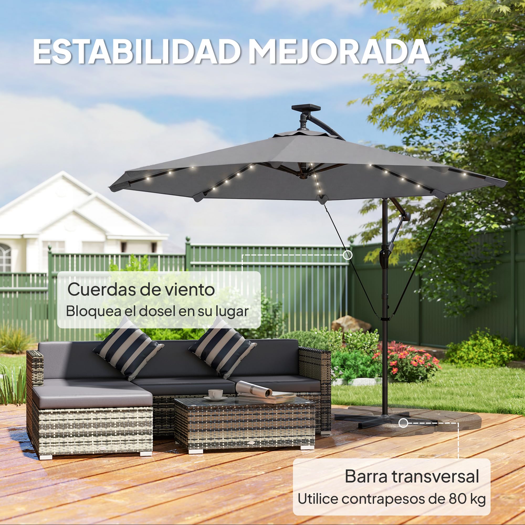 Outsunny Parasol Excéntrico con Luces LED Solares, Ø330 cm, Sombrilla de Jardín con Base Cruzada, Manivela, Funda Protectora y Cuerda de Viento, Anti-UV 50+, para Terraza, Patio - 5