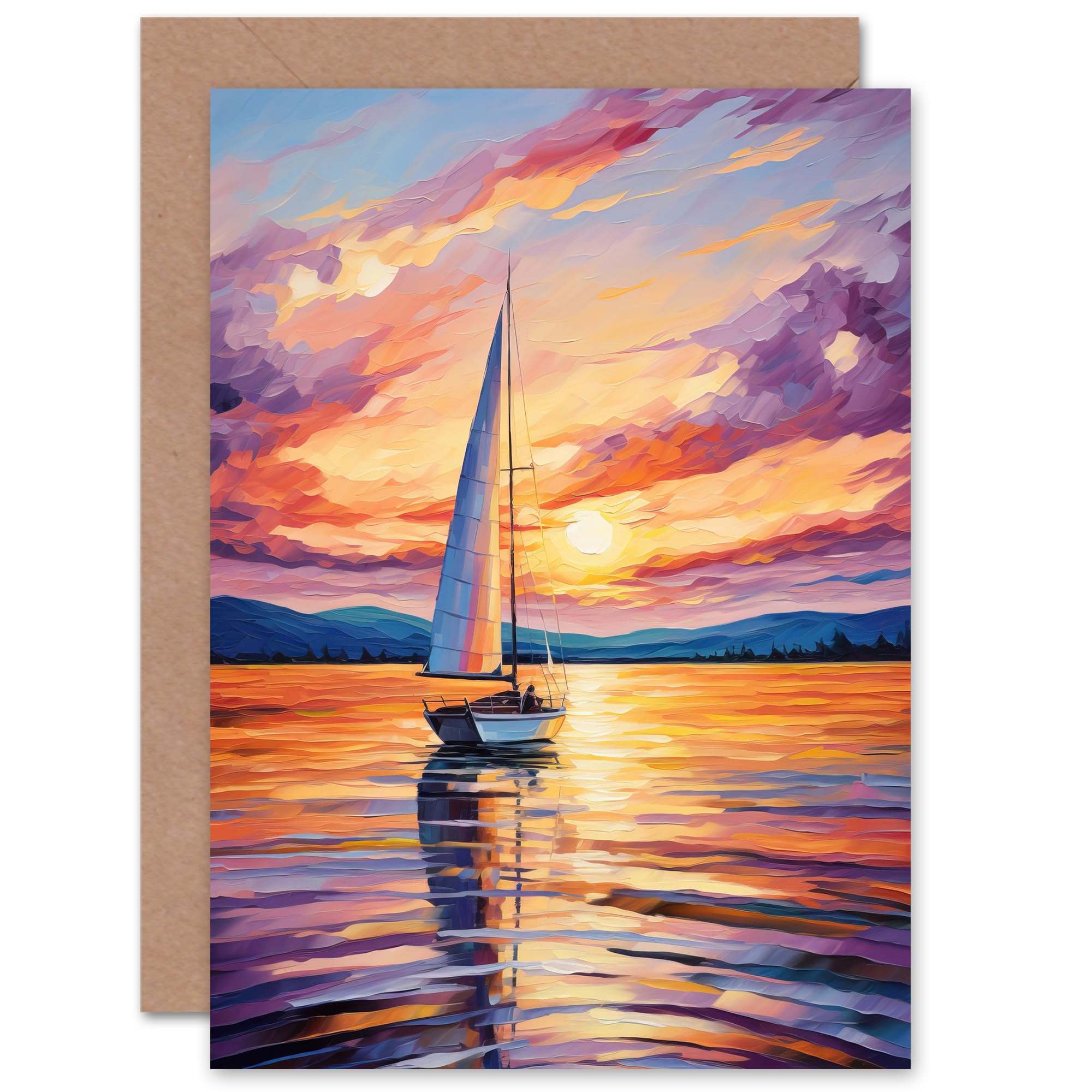 Artery8 Sunset Sailing Vibrant Sail Boat Seascape for Him or Her Man Woman Birthday Thank You Congratulations Blank Art Greeting Card