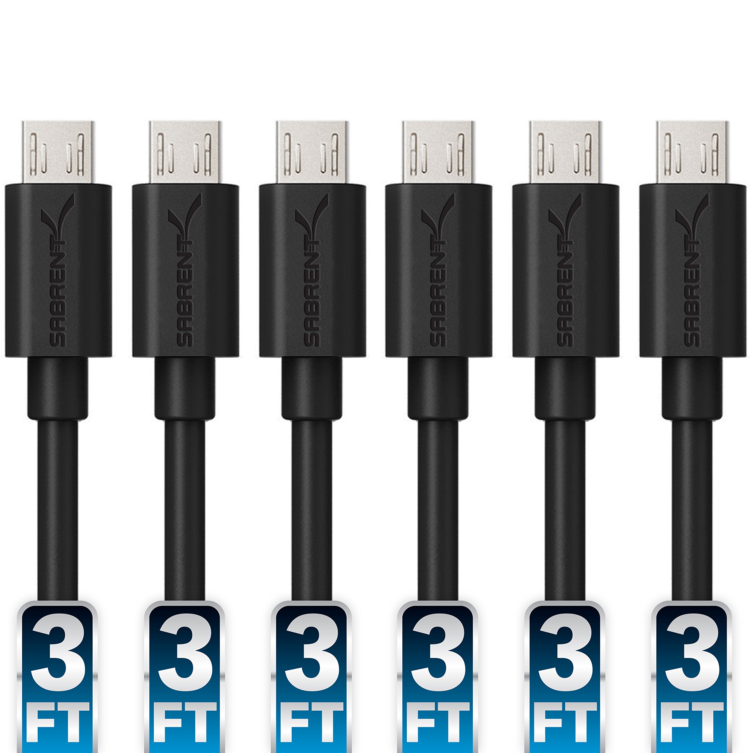 SABRENT [6-Pack 22AWG Premium 90 cm Micro USB Cables High Speed USB 2.0 A Male to Micro B Sync and Charge Cables [Black] (CB-UM63)
