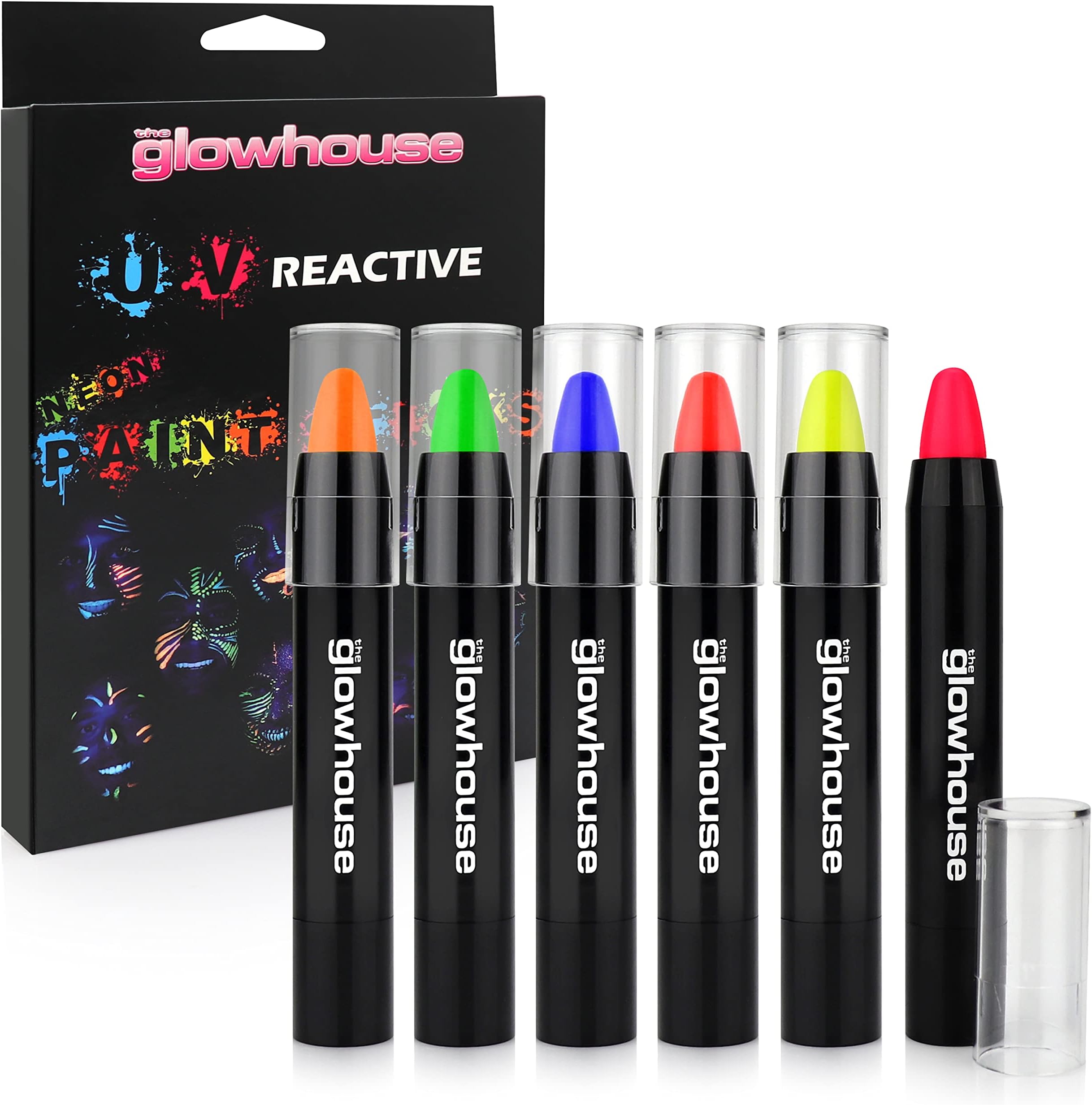 The Glowhouse UV Neon Face Paint and Body Paint Stick (Pack of 6) Fluorescent Brightest Glow under UV!