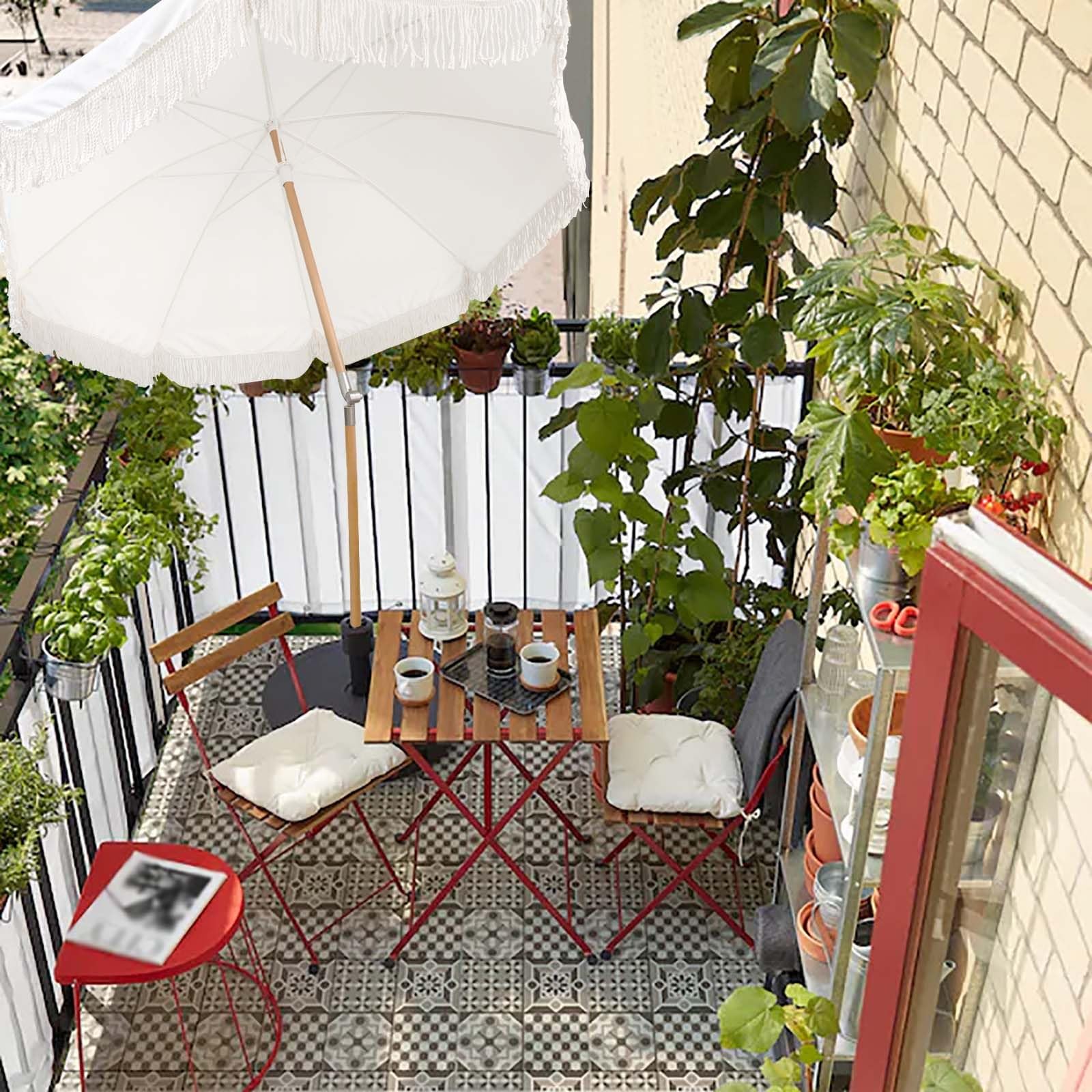 Ombrello da patio da 1,8 m, stile boho, in metallo, con protezione UPF 50+, regolabile, inclinabile, anti-pizzico, facile da trasportare, per giardino, cortile, piscina, spiaggia