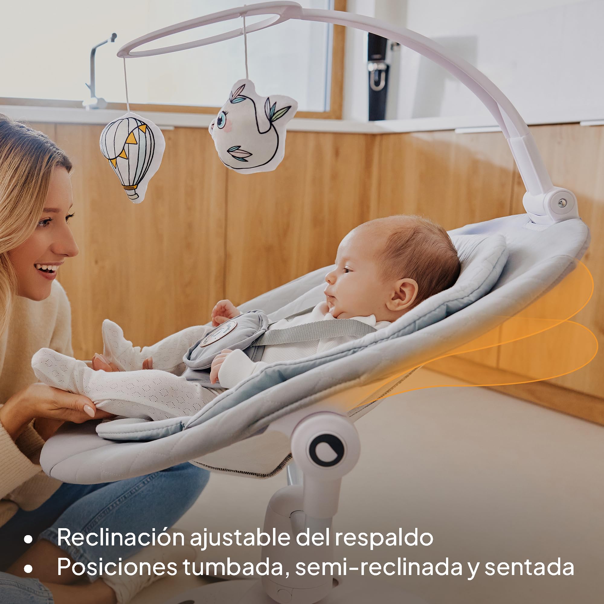 LIONELO Bella Set 2 en 1 - Hamaca eléctrica con capazo 360o para bebés de hasta 9 kg, respaldo reclinable, 5 velocidades de balanceo Cinturón de seguridad antideslizante