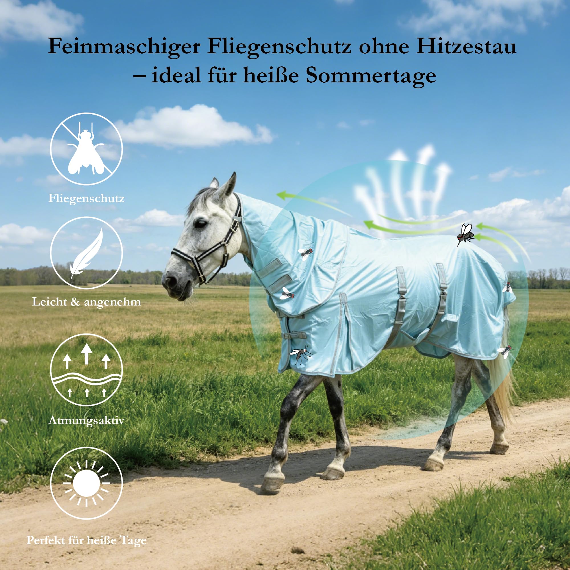Manta antimoscas para caballos con parte del cuello, transpirable, ligera y resistente al desgarro, color azul, 155 cm