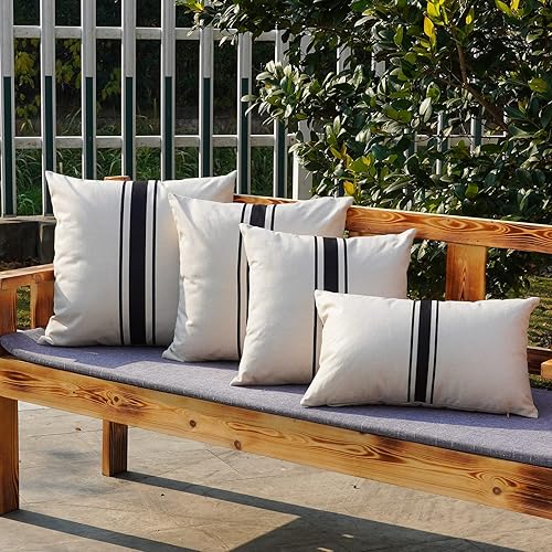 Miniatura 5 de ONWAY Juego de 2 fundas de almohada para exteriores impermeables de 20 x 20 pulgadas, fundas decorativas de lino para cojines de exteriores a rayas
