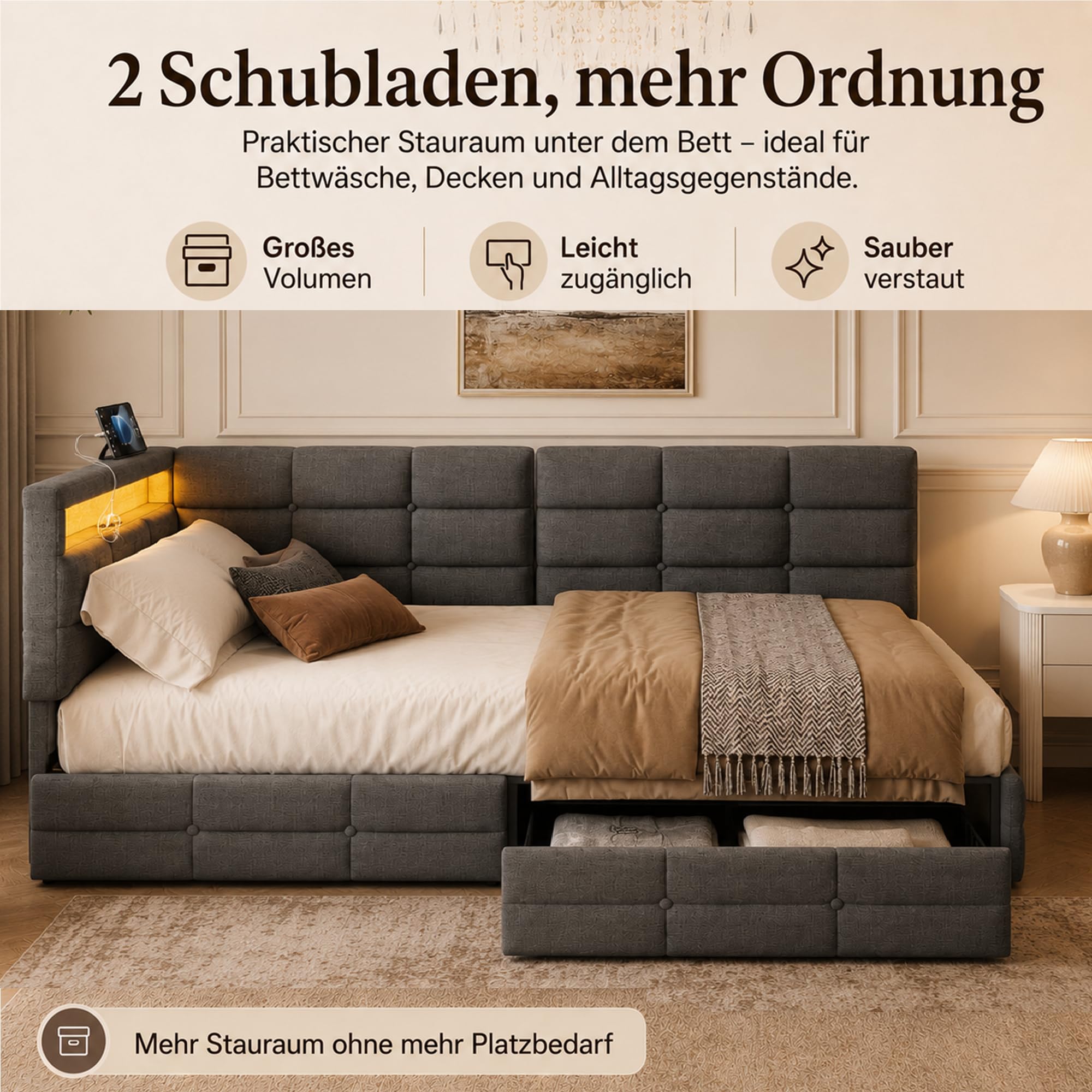 DULRLLY sofa do spania 90 x 200 cm z półką do przechowywania, tapicerowana sofa z oświetleniem LED i portami USB, nowoczesne łóżko piętrowe dla 1 osoby, wielofunkcyjne łóżko 90x200 z stelażem, pościel