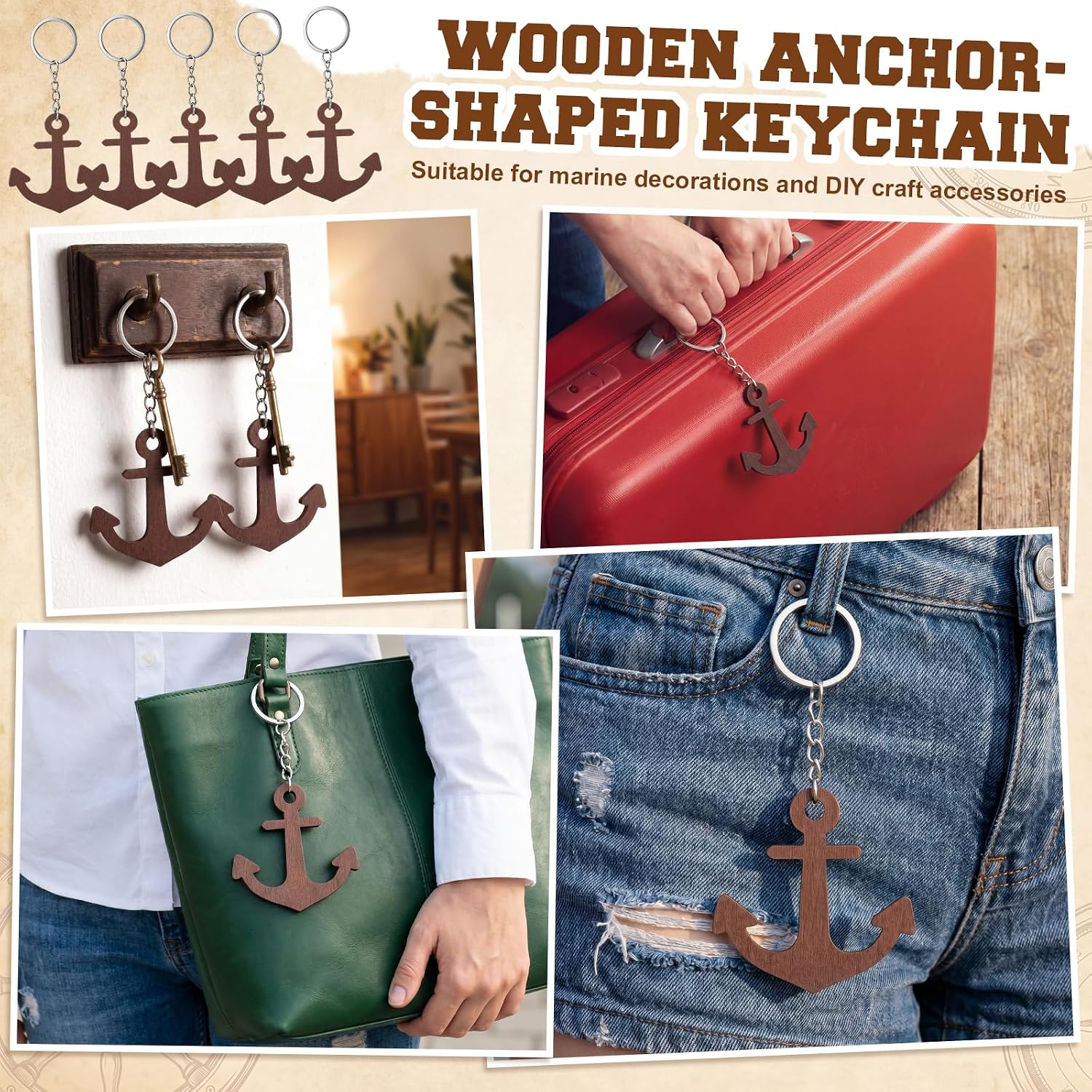 Novabright 100 Pcs Wooden Anchor Keychain Bulk Nautical Wedding Favors Anchor Charms Gifts for Guests Beach Weeding Party Souvenirs, Marine Decorations, DIY Craft Accents