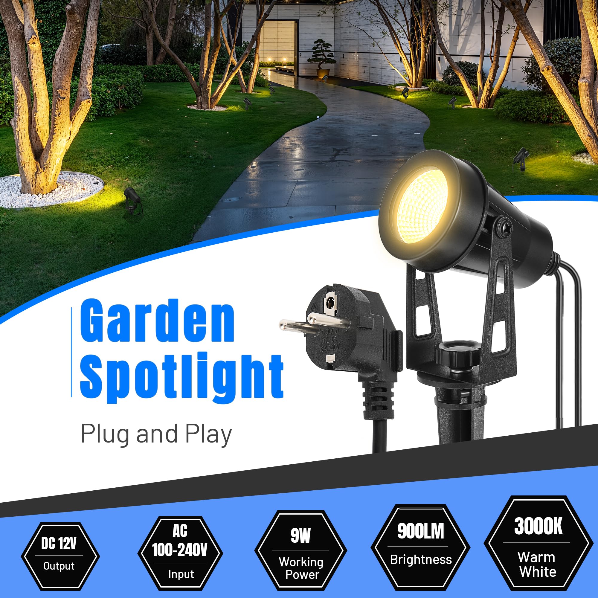 Focos Exterior Jardin, 4 Piezas/14M Foco Proyector Exterior Con Temporizador y Función de Sensor de Luz, 3000K Blanco 12V IP65 Resistente al agua Focos Jardin con Espiga Para