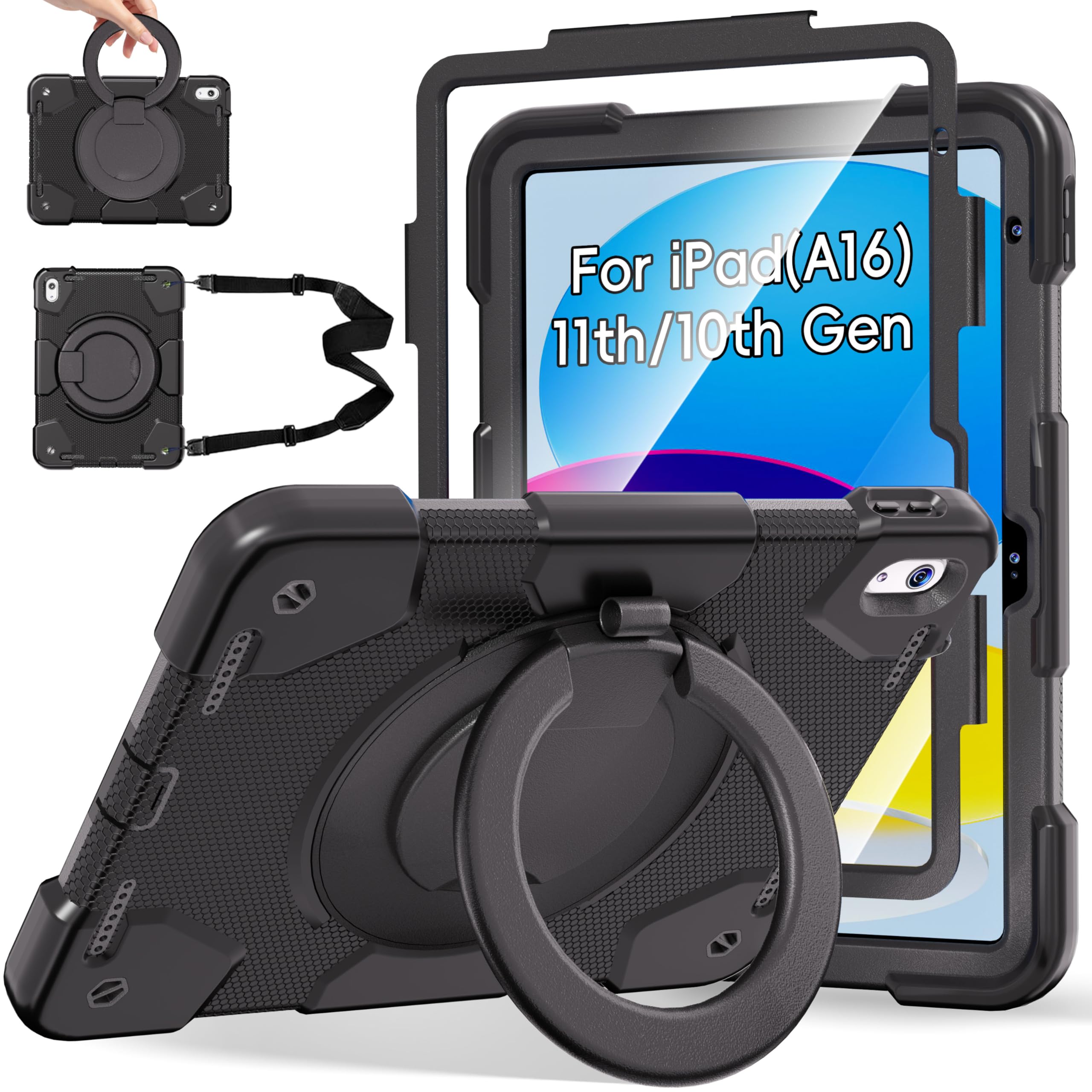 Andnary Case for iPad (A16) 11th/10th Generation 11/10.9 Inch 2025/2022 with Screen Protector/360° Rotate Stand/Shoulder Strap/Pencil Holder, Shockproof iPad 11th/10th Gen Cover (Black)