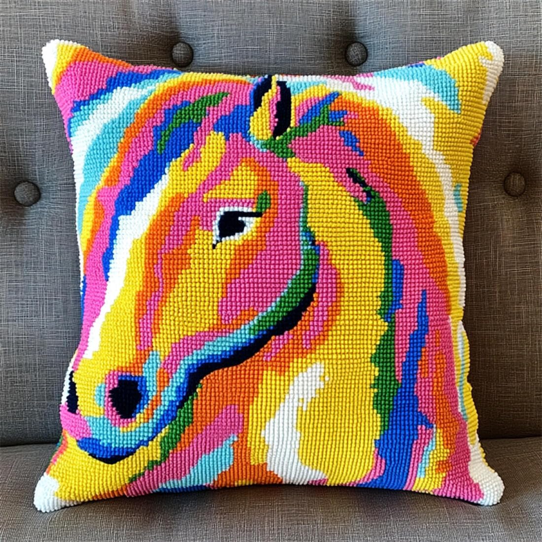 Kitquiver Animal Latch Hook Cushion Kits Colorful Horse Cushion Pillow Front Chunky Cross Stitch Kits DIY Embroidery Needlepoint Kit for Home Décor 17x17In